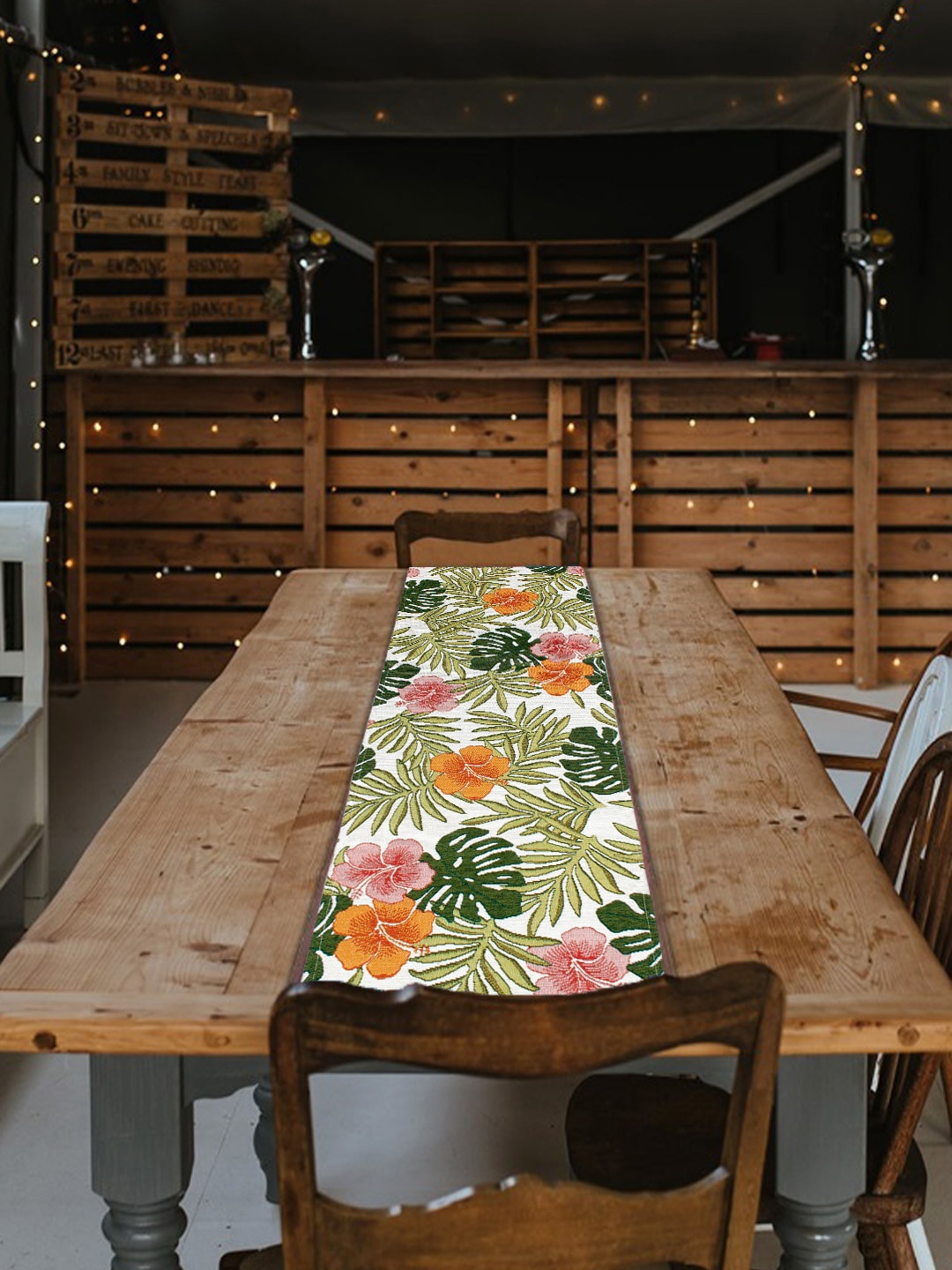 

AVI Living White & Green Floral Printed Jacquard Woven Table Runner