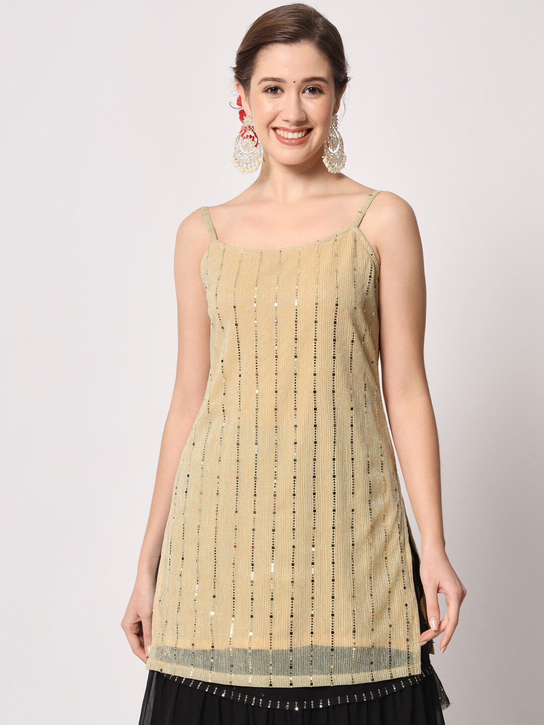 

studio rasa Embellished Shoulder Straps Pure Georgette Kurti, Gold