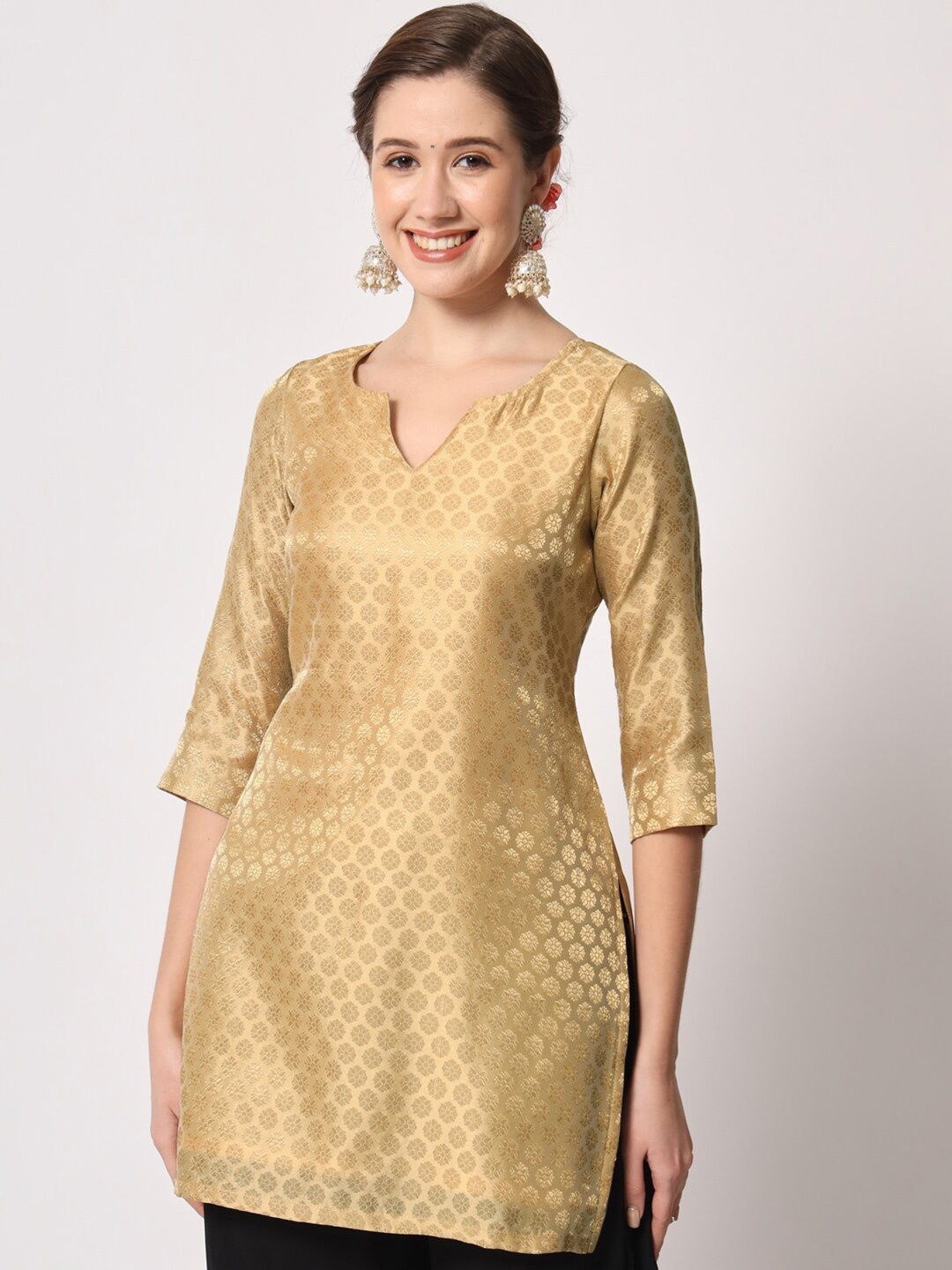 

studio rasa Ethnic Motifs Woven Design Notched Neck Brocade Kurti, Gold