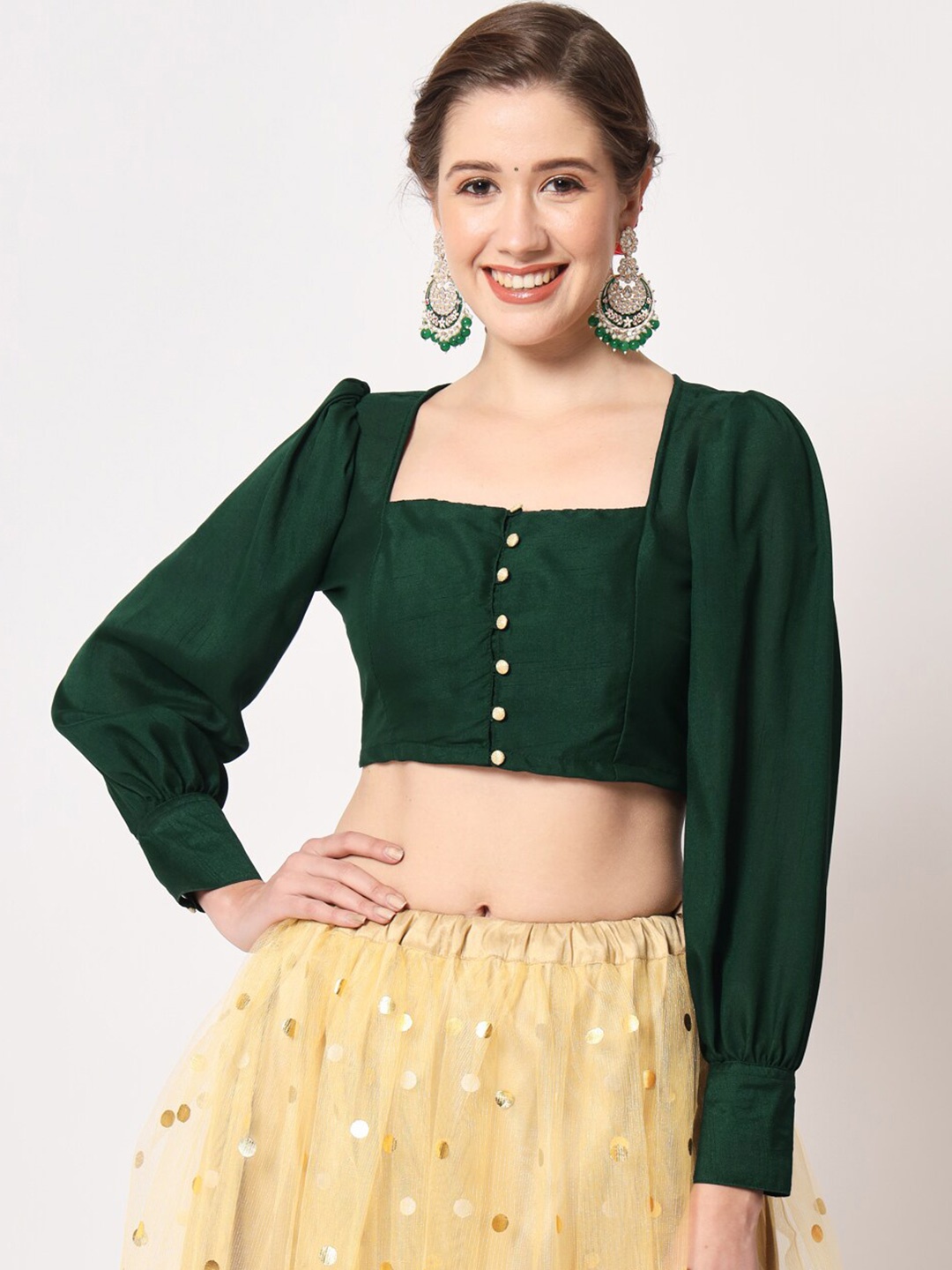 

studio rasa Square Neck Puff Sleeves Sheen Fitted Crop Top, Green
