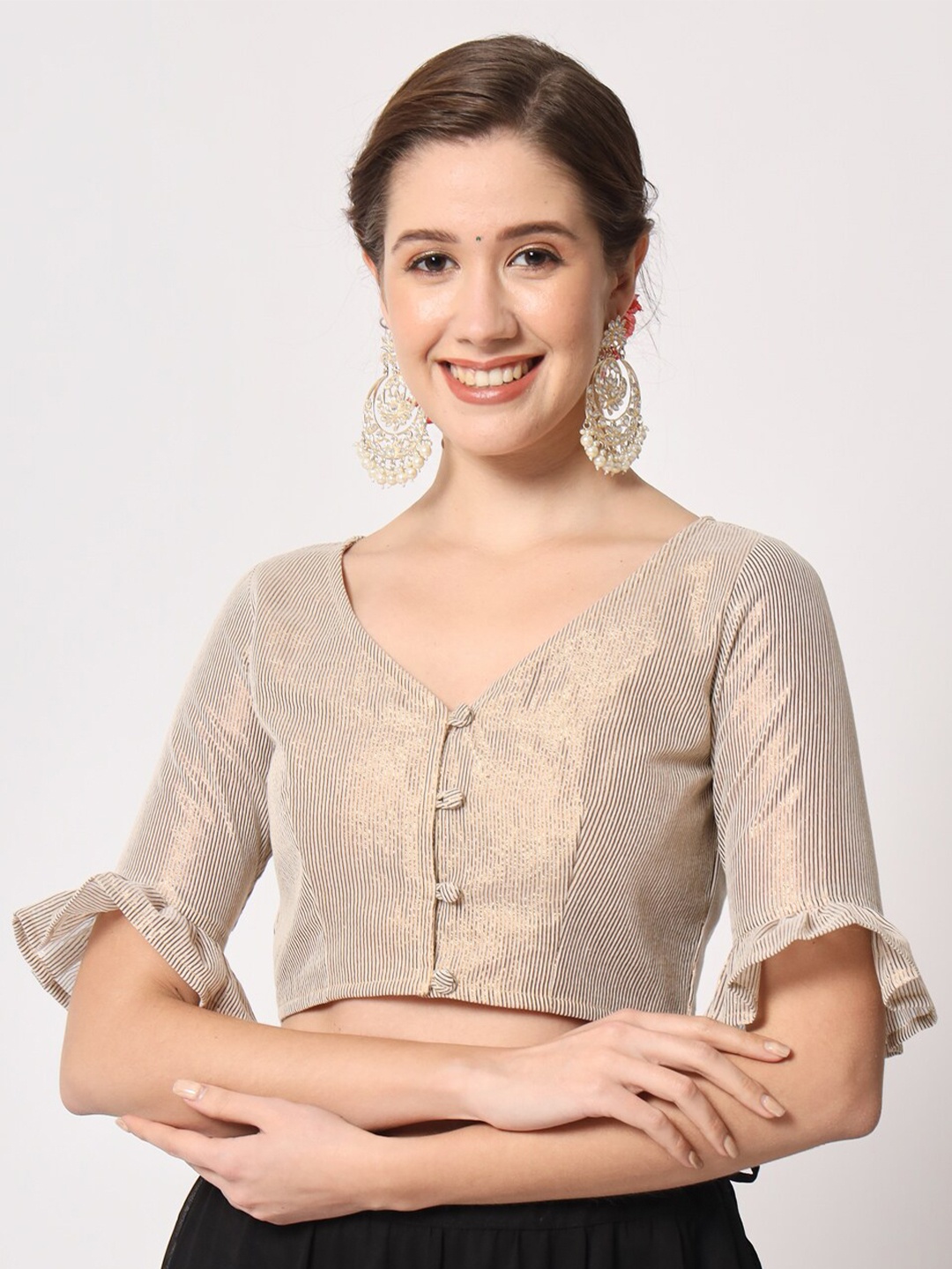 

studio rasa Bell Sleeves Sheen Crop Top, Gold