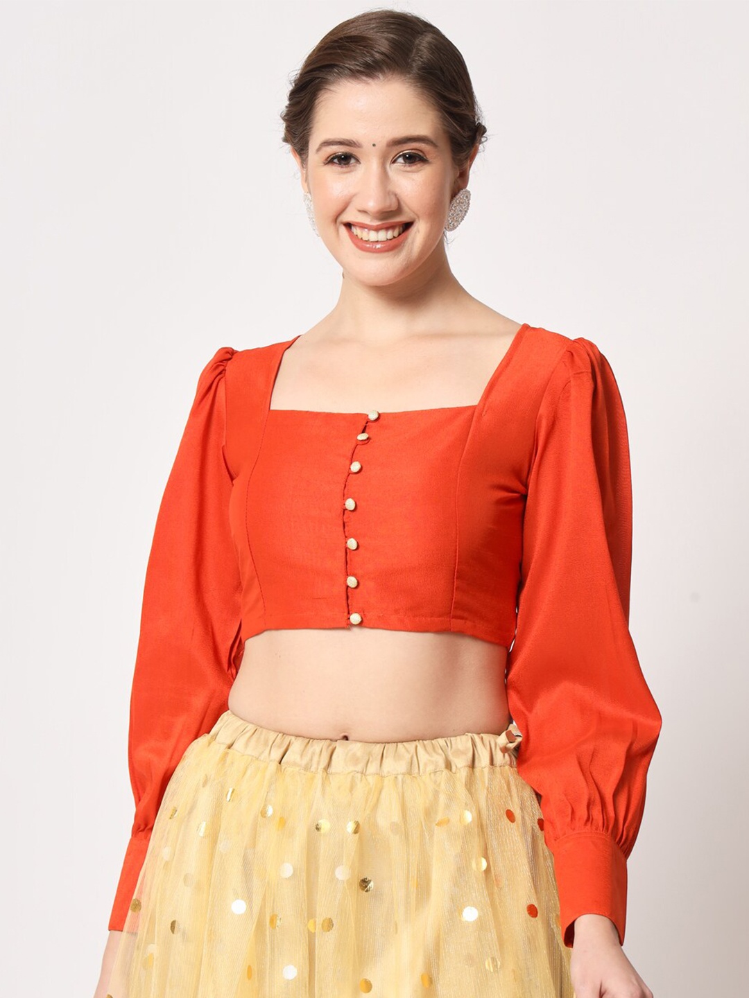 

studio rasa Square Neck Puff Sleeve Sheen Crop Top, Orange