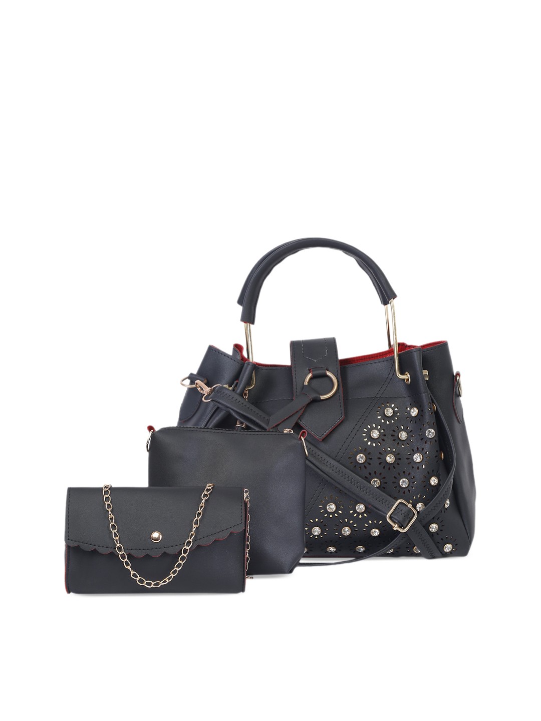 

FARGO Set Of 3 Embellished Leather Structured Shoulder Bag, Black
