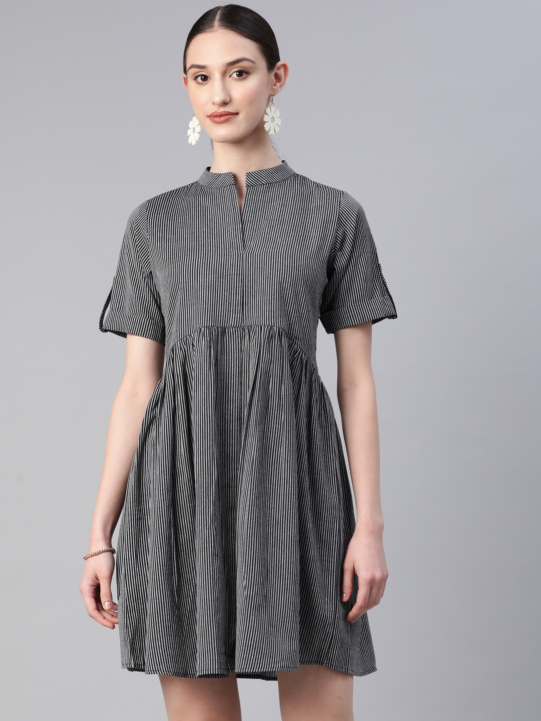 

MBE Striped A-Line Cotton Dress, Black