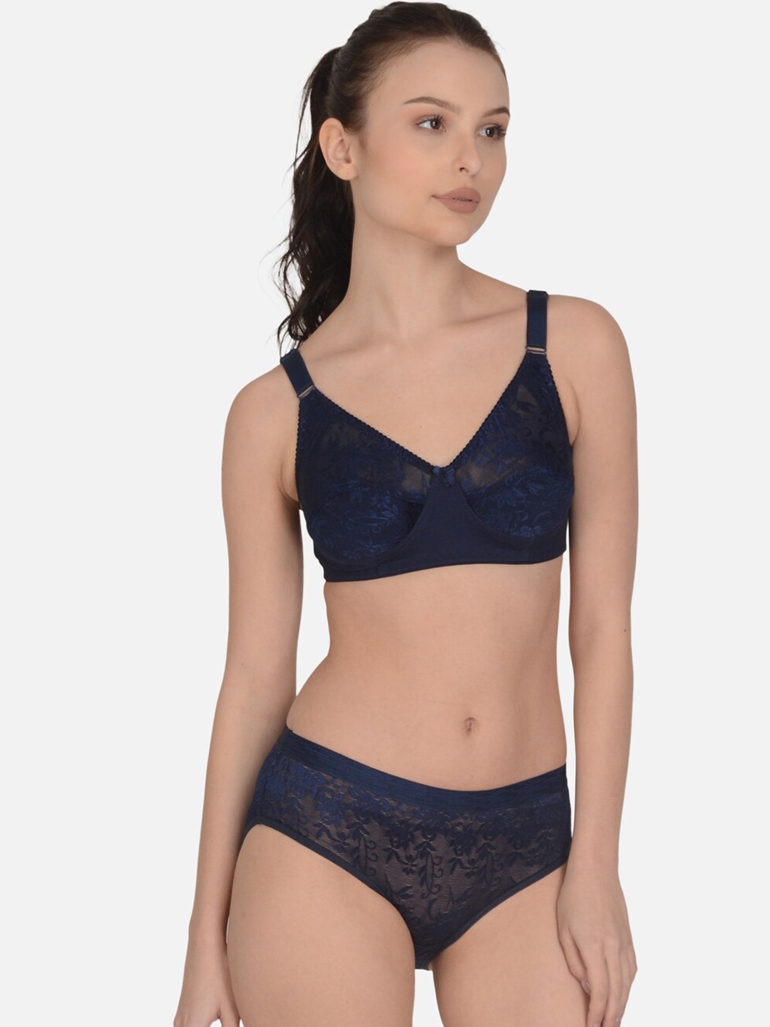 

mod & shy Self Design Lace Lingerie Set- MS470-32B, Navy blue