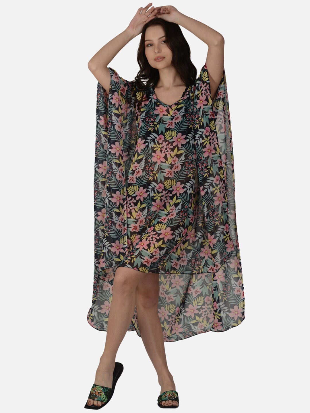 

mod & shy Women Tropical Printed Kimino Sleeves Swimwear Cover-Up Dress, Black