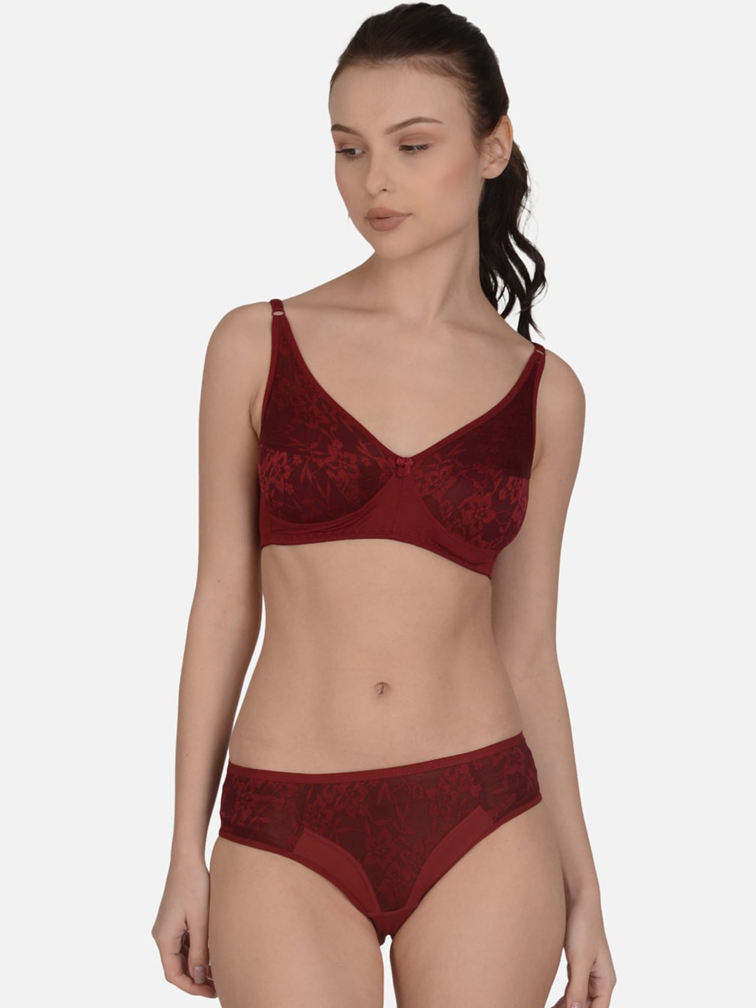 

mod & shy Self-Design Soft Lace Non-Padded Lingerie Set, Maroon