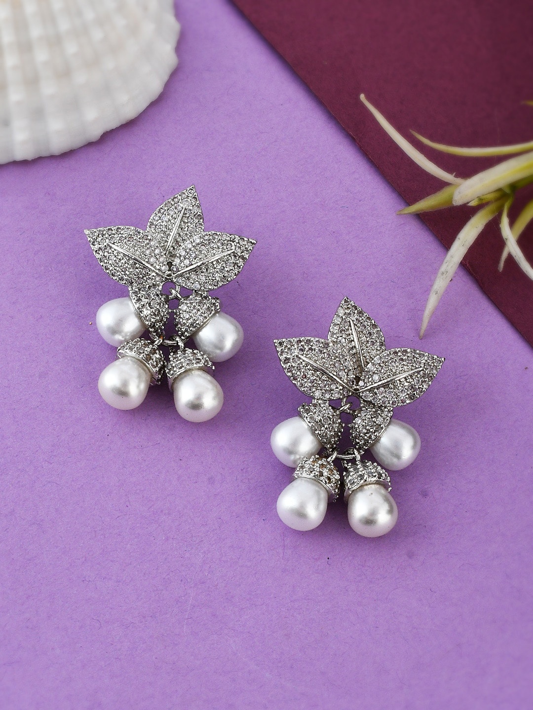 

Silvermerc Designs Silver-Plated American Diamond Mini Leaf Drop Earrings