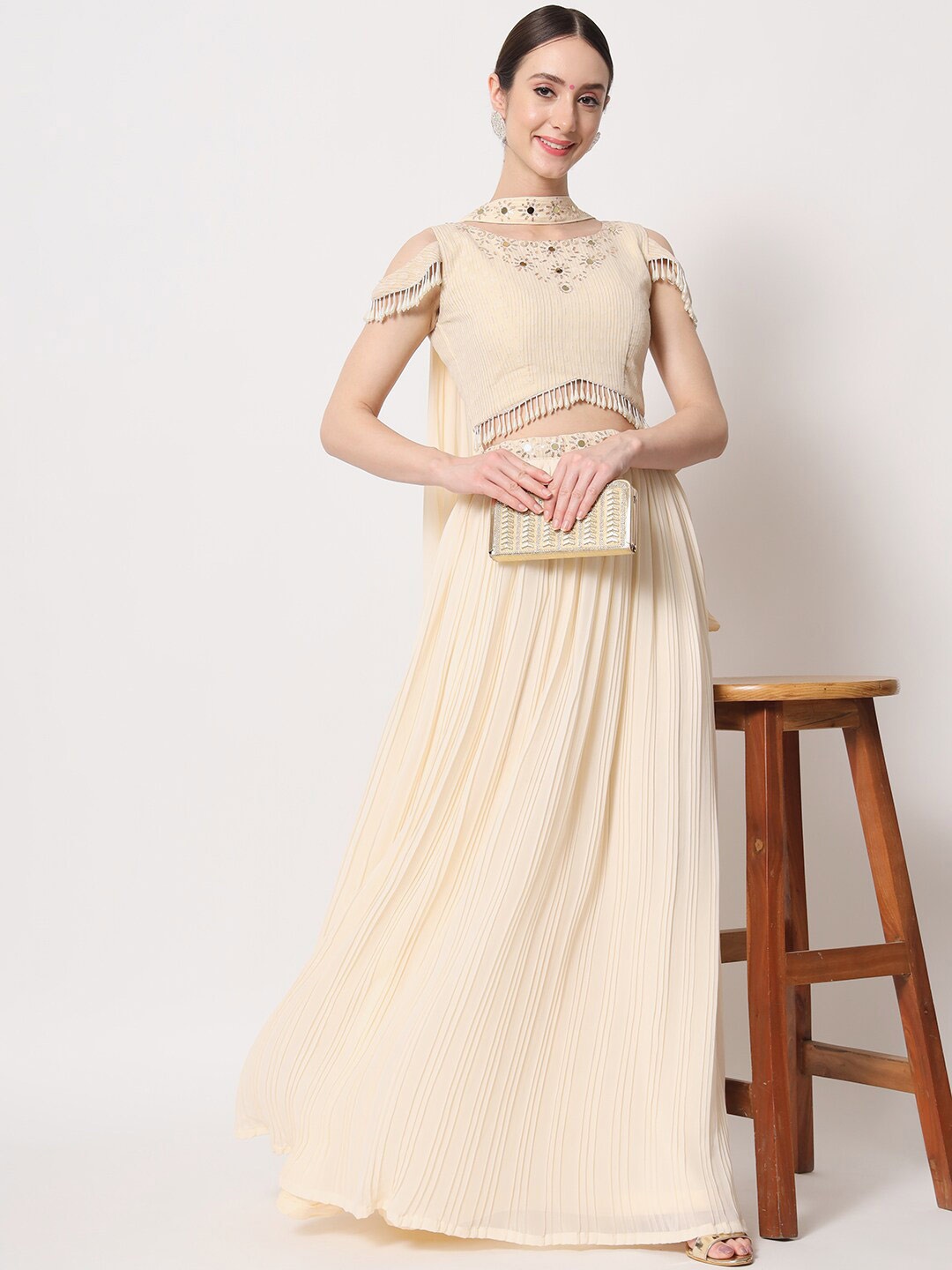 

SHUBHKALA Embellished Semi-Stitched Lehenga & Unstitched Blouse With Dupatta, Beige