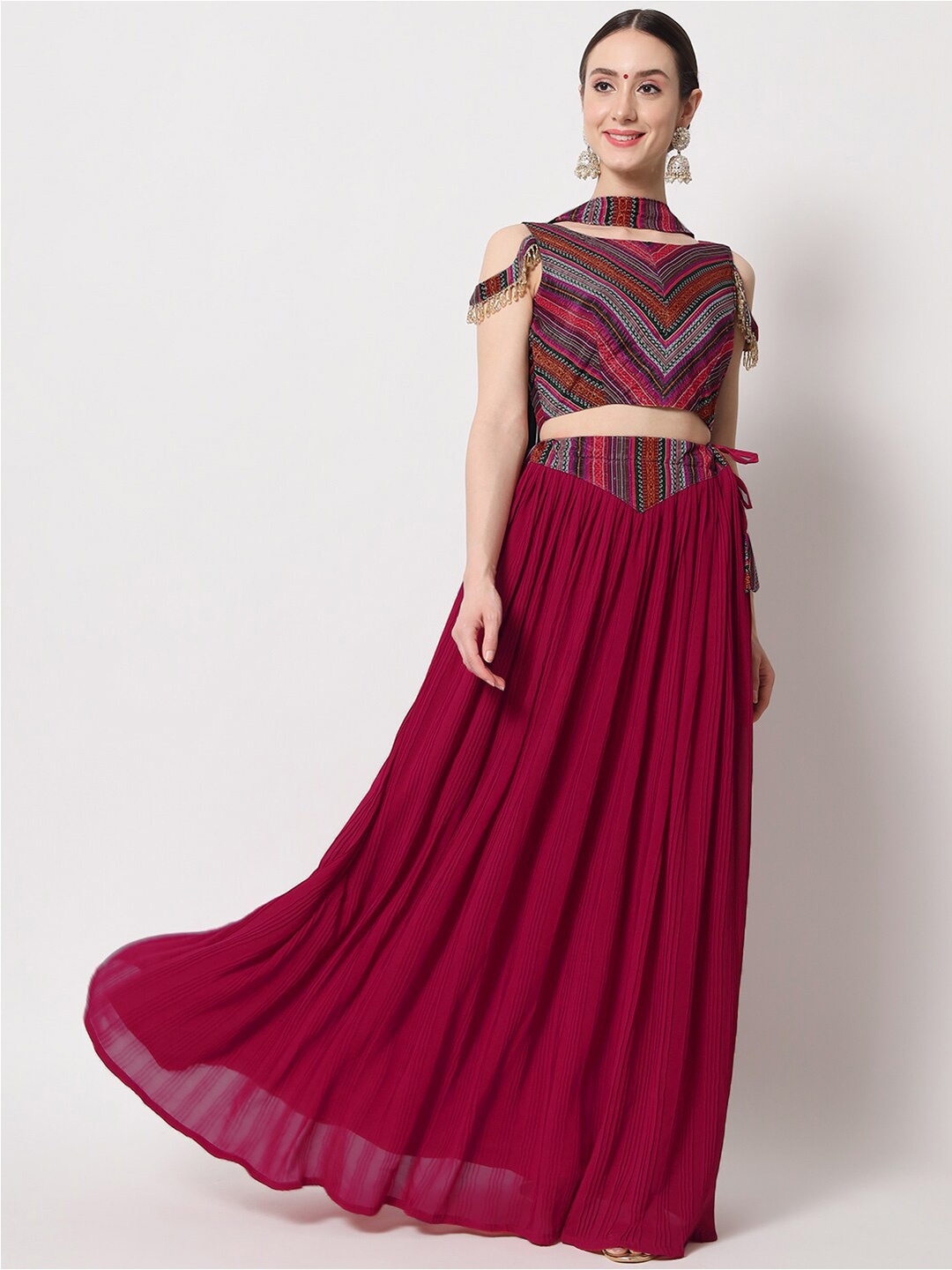 

SHUBHKALA Printed Semi-Stitched Crush Patterned Lehenga & Unstitched Blouse With Dupatta, Pink