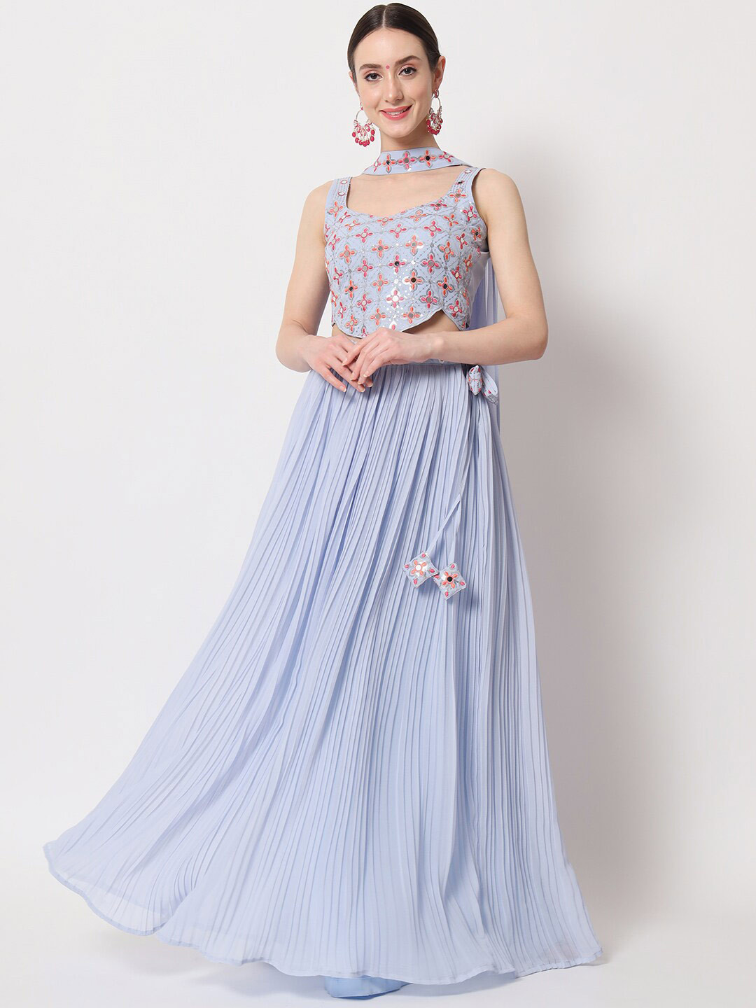

SHUBHKALA Embroidered Thread Work Semi-Stitched Lehenga & Unstitched Blouse With Dupatta, Blue
