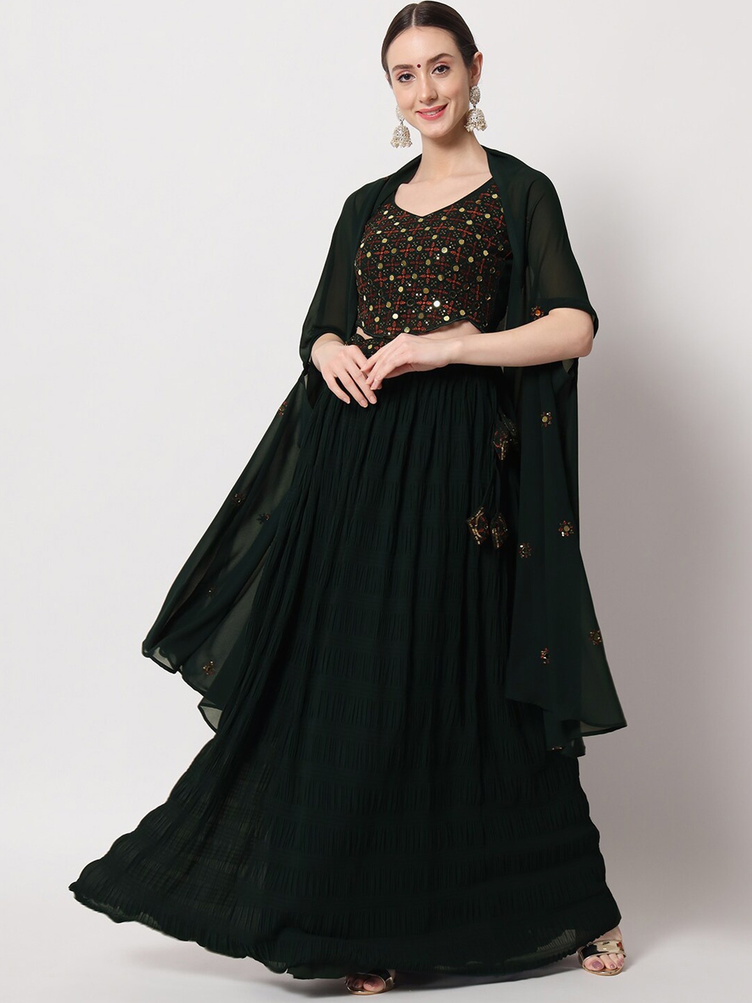 

SHUBHKALA Sequined Semi-Stitched Crush Pattern Lehenga & Unstitched Blouse With Dupatta, Green