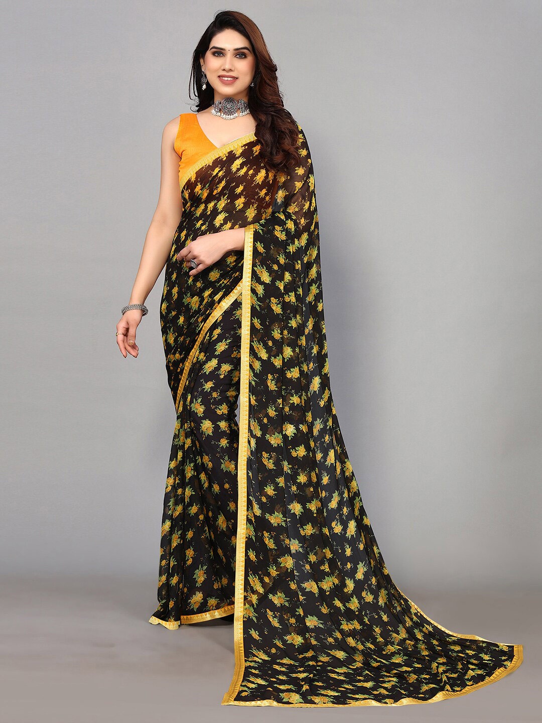 

KALINI Floral Pure Chiffon Saree, Black