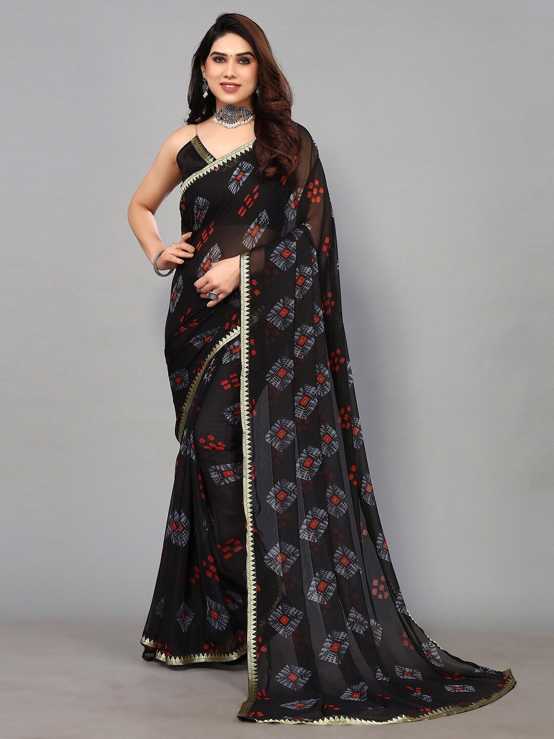 

KALINI Tie and Dyed Pure Chiffon Saree, Black