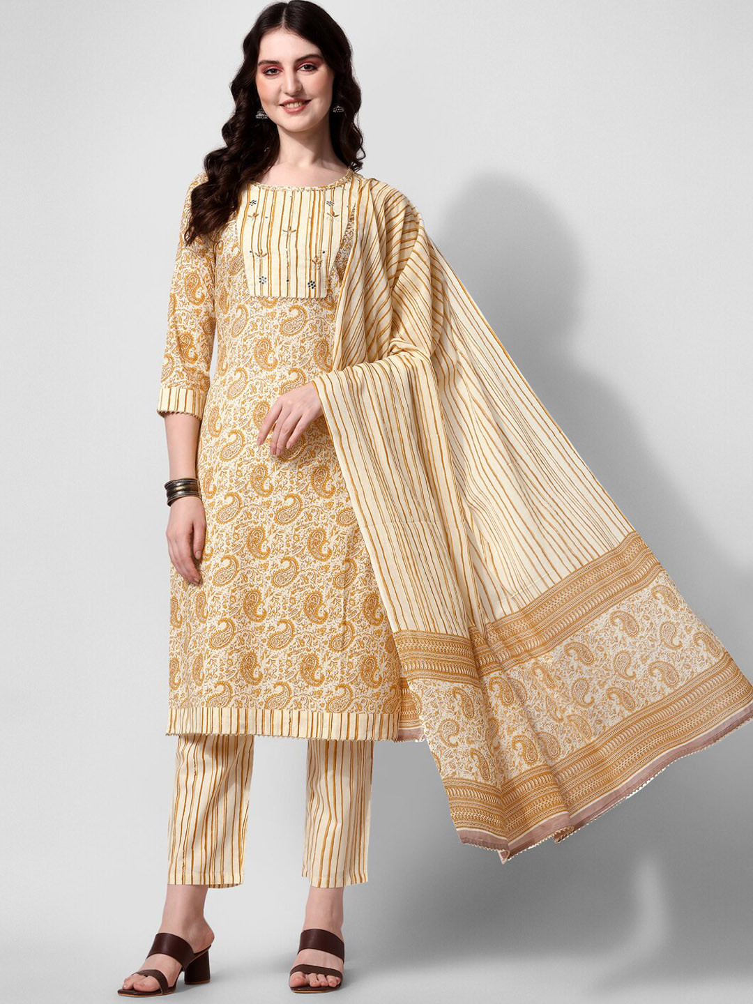 

KALINI Paisley Printed Gotta Patti Pure Cotton Kurta with Trousers & Dupatta, Cream