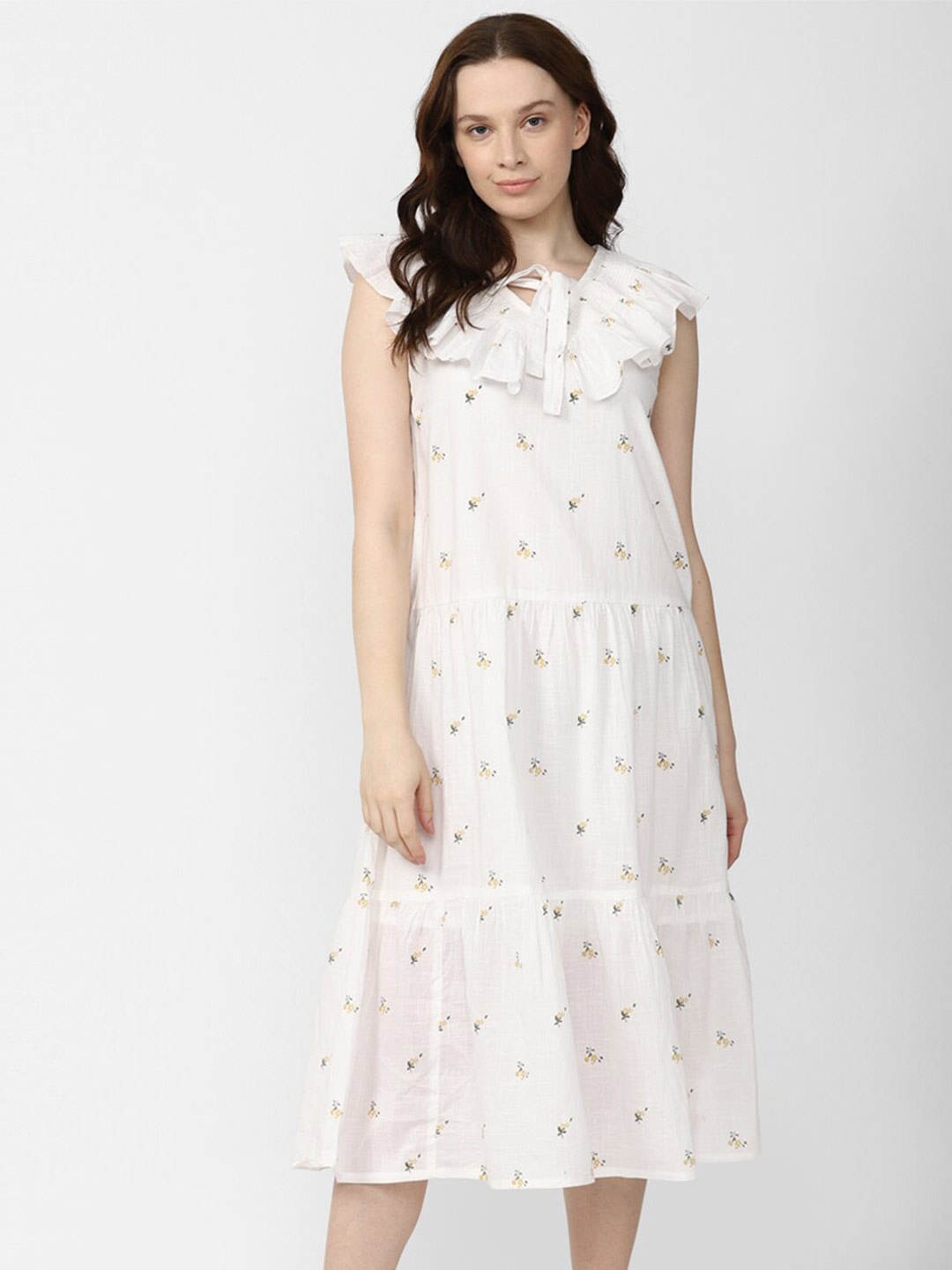 

Van Heusen Woman Floral Printed Ruffles Tiered Pure Cotton A-Line Midi Dress, White