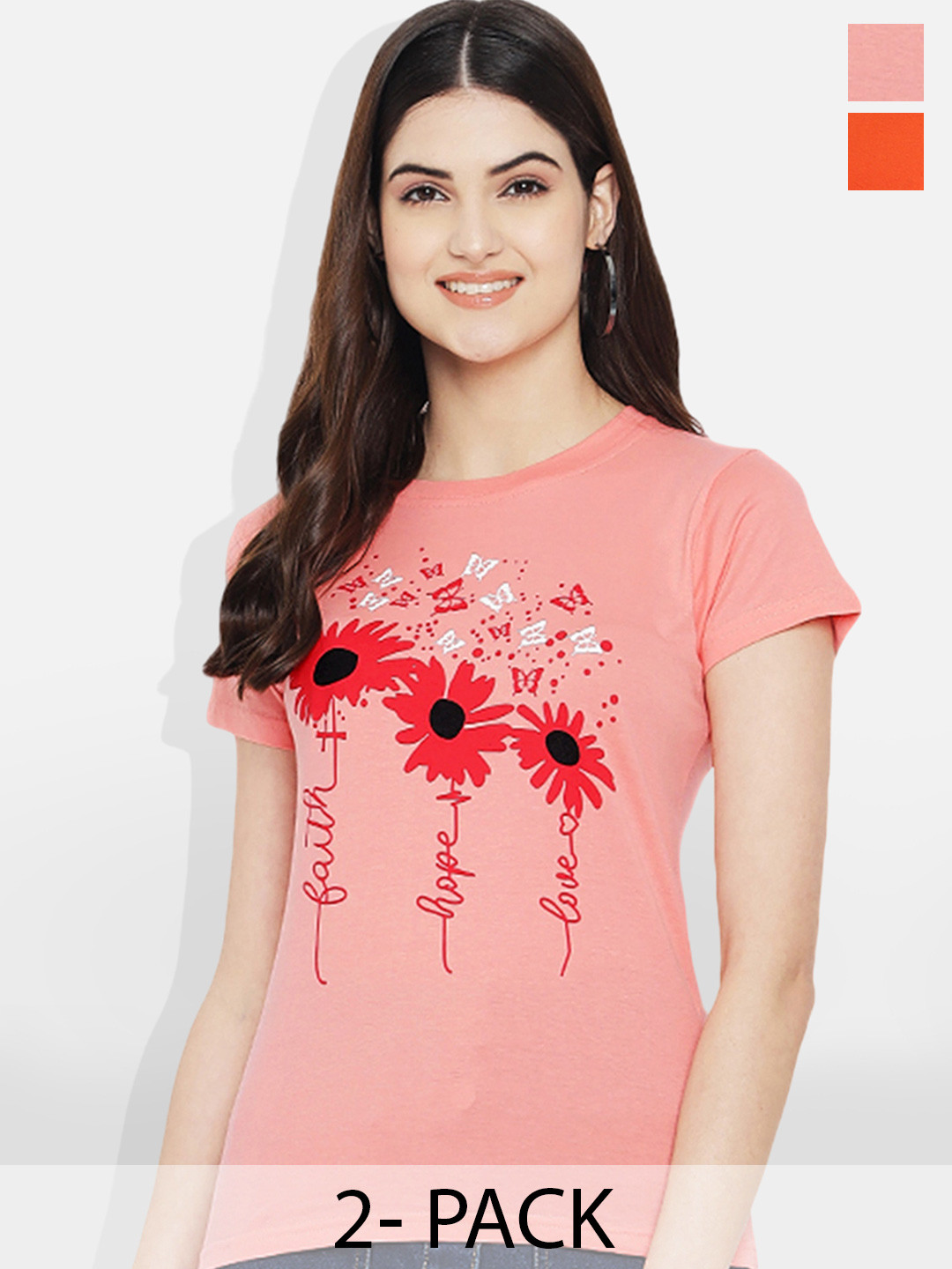 

Fabflee Women Pack Of 2 Typography Printed Cotton T-shirt, Orange