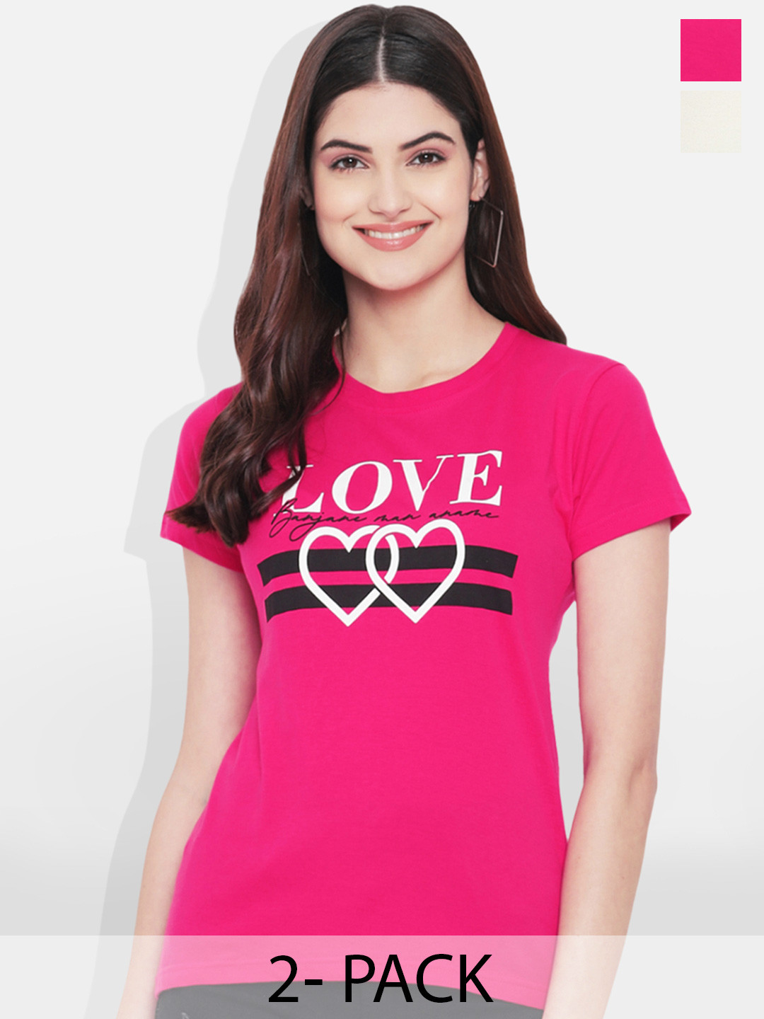 

Fabflee Pack Of 2 Typography Printed Cotton T-shirt, Pink
