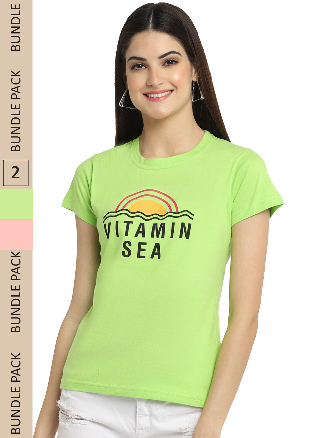 

Fabflee Pack Of 2 Typography Printed Cotton T-shirt, Lime green