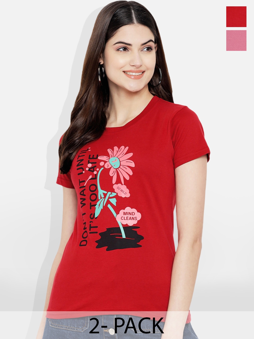 

Fabflee Pack Of 2 Printed Round Neck Cotton T-shirt, Pink