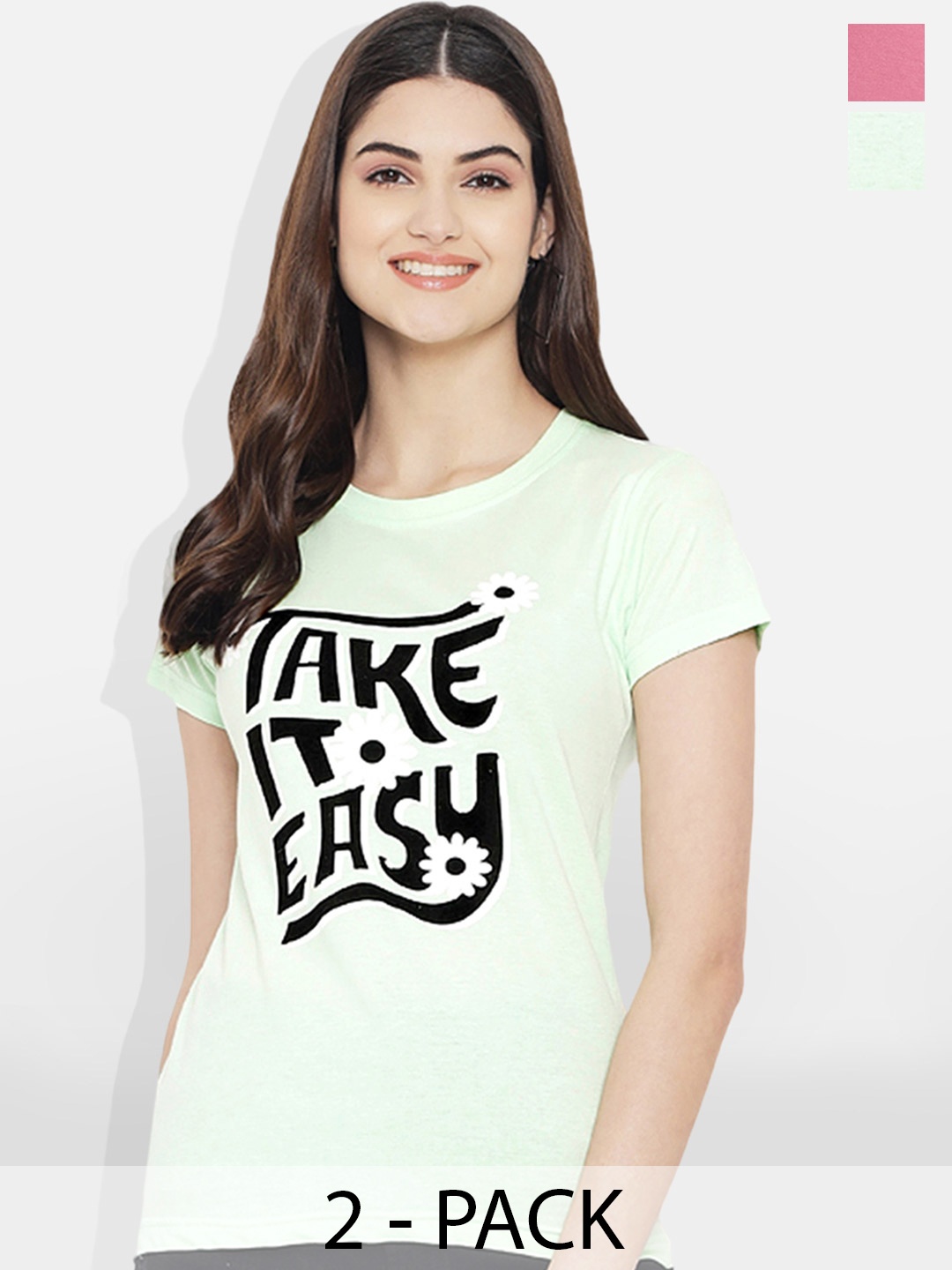 

Fabflee Pack Of 2 Printed Round Neck Cotton T-shirt, Pink