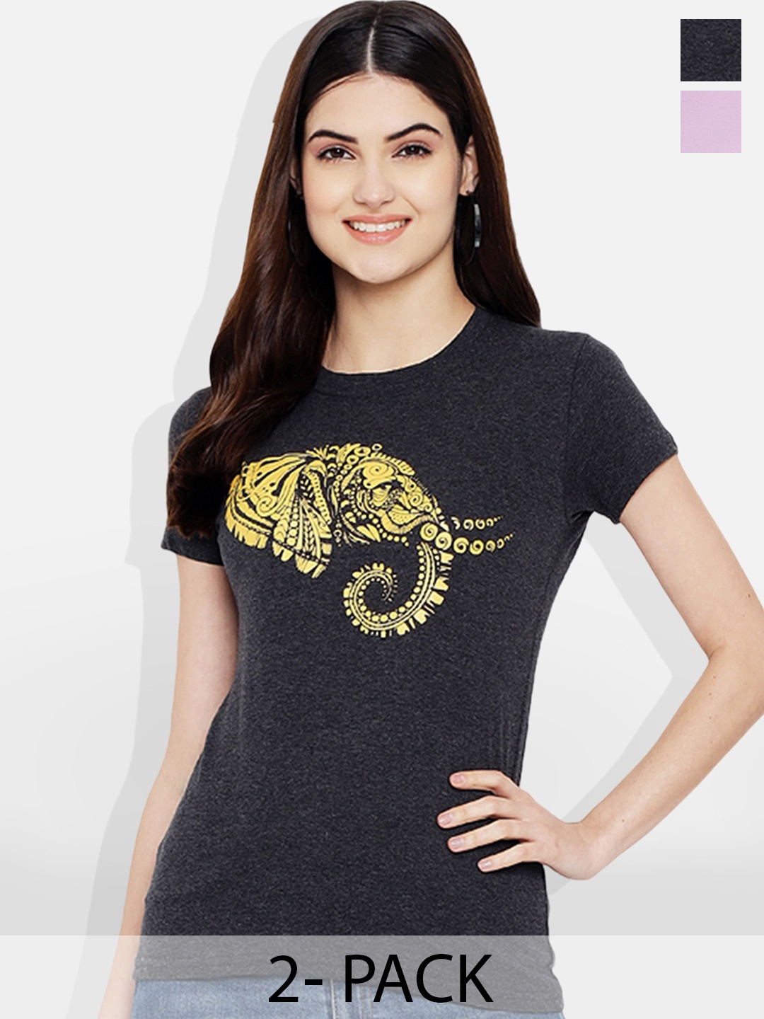 

Fabflee Pack Of 2 Printed Round Neck Cotton T-shirt, Lavender