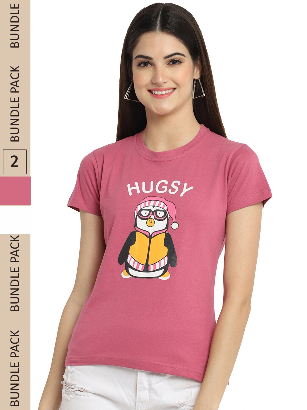 

Fabflee Pack Of 2 Typography Printed Cotton T-shirt, Pink