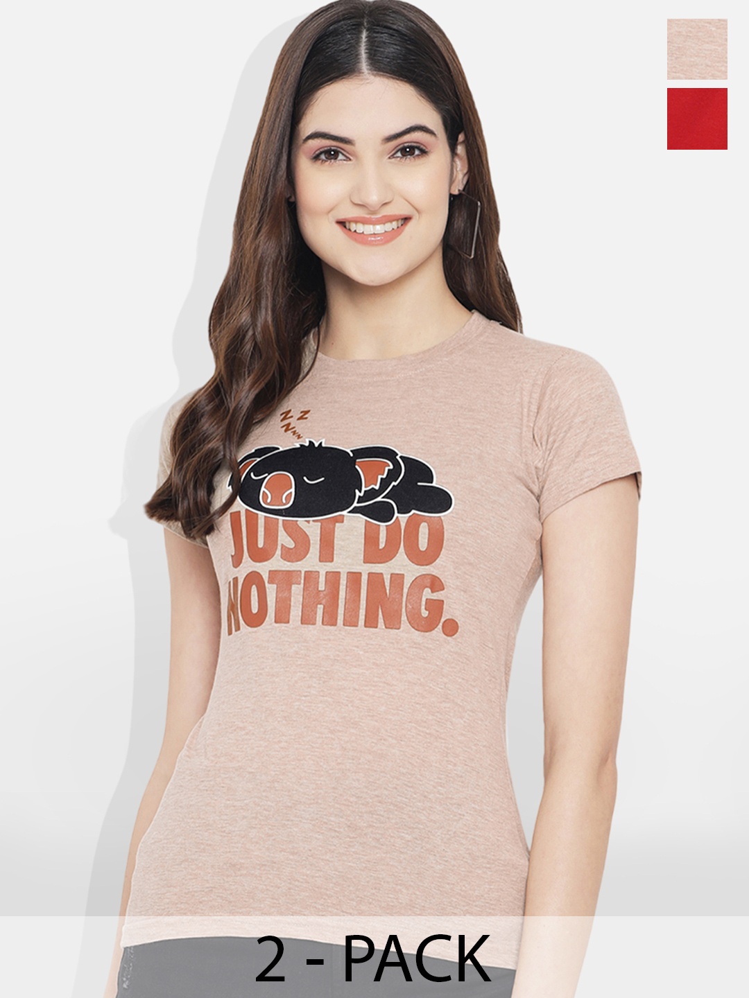Fabflee Pack Of 2 Typography Printed Cotton T-shirts, Red