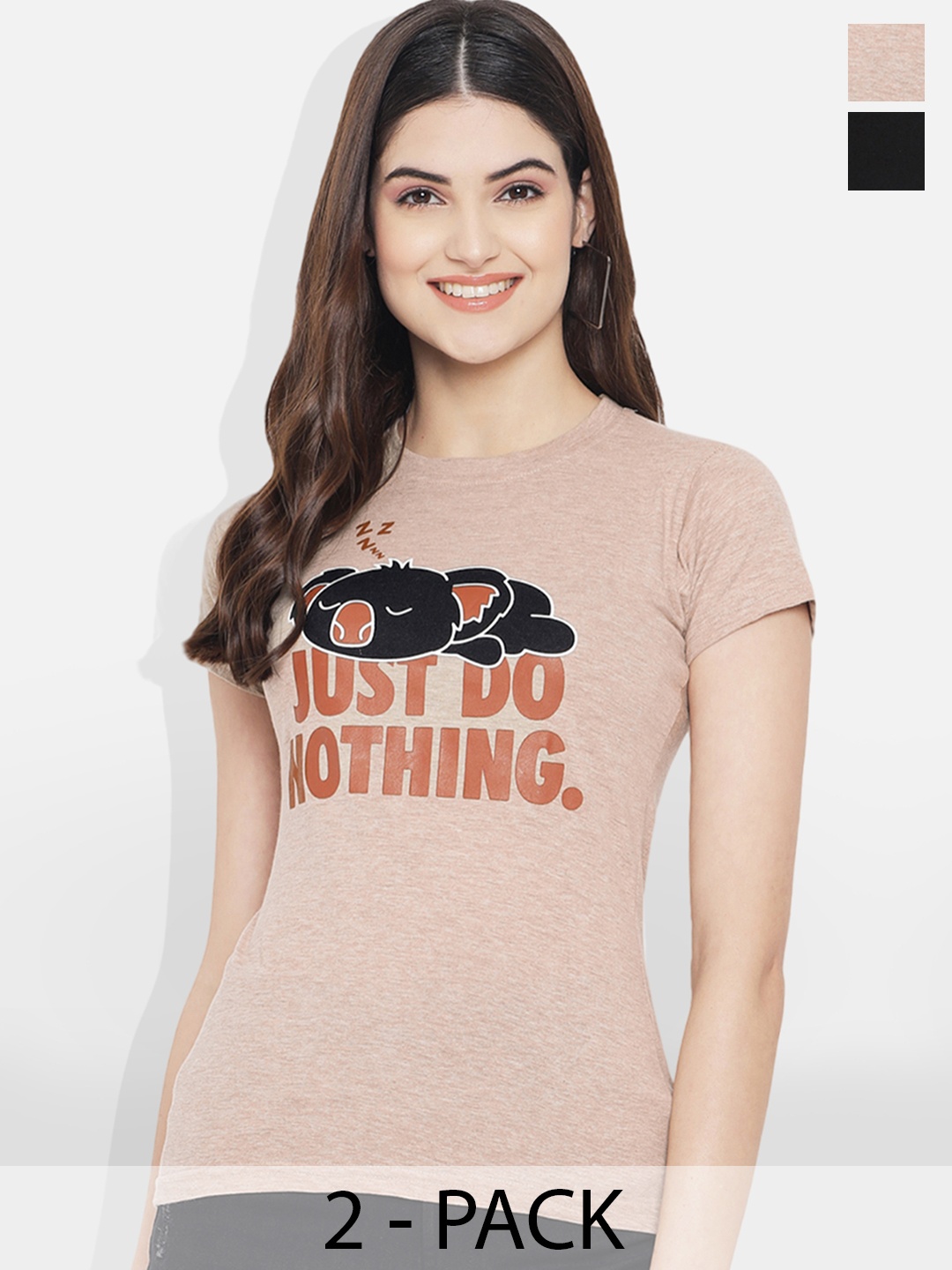 Fabflee Pack of 2 Typography Printed T-shirt, Black