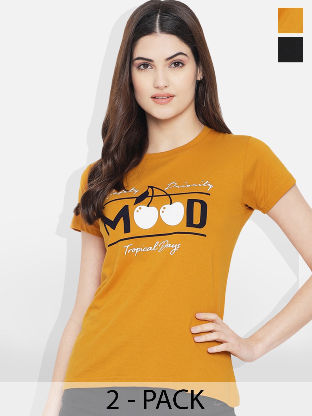 Fabflee Pack Of 2 Typography Printed Cotton T-shirt, Black