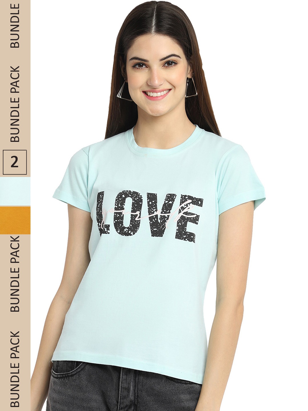 

Fabflee Pack Of 2 Typography Printed Cotton T-shirt, Mustard