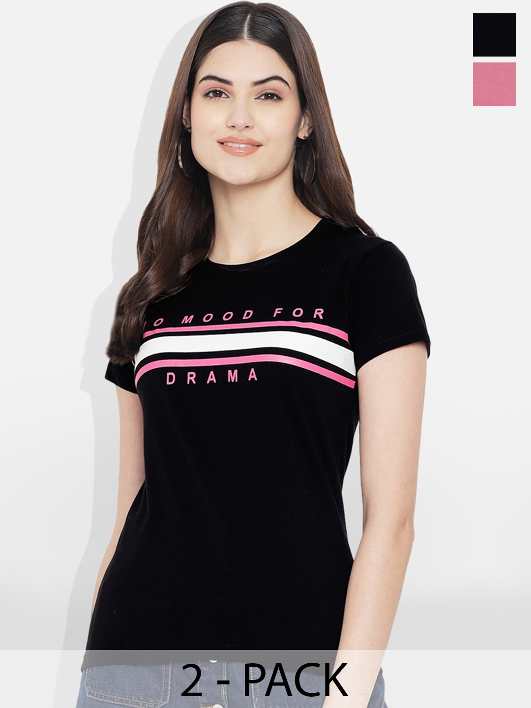 

Fabflee Pack of 2 Typography Printed T-shirt, Pink