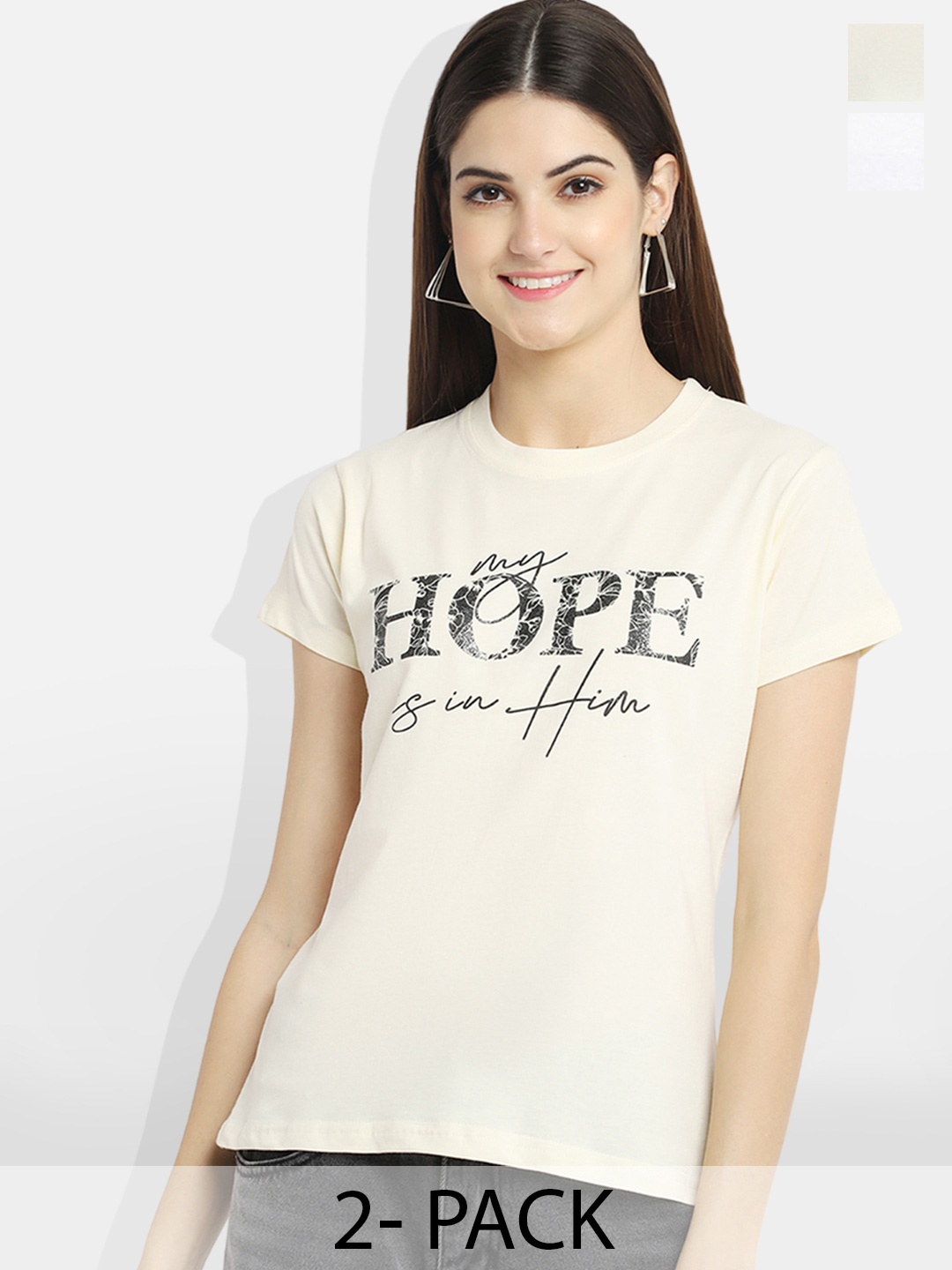 

Fabflee Pack Of 2 Typography Printed Cotton T-shirt, Cream