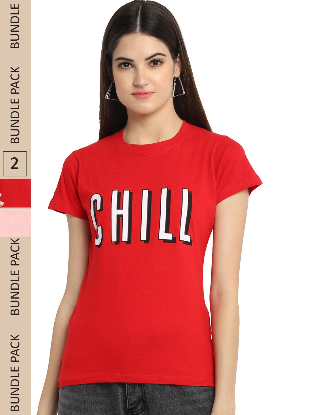 Fabflee Pack Of 2 Typography Printed Cotton T-shirt, Red