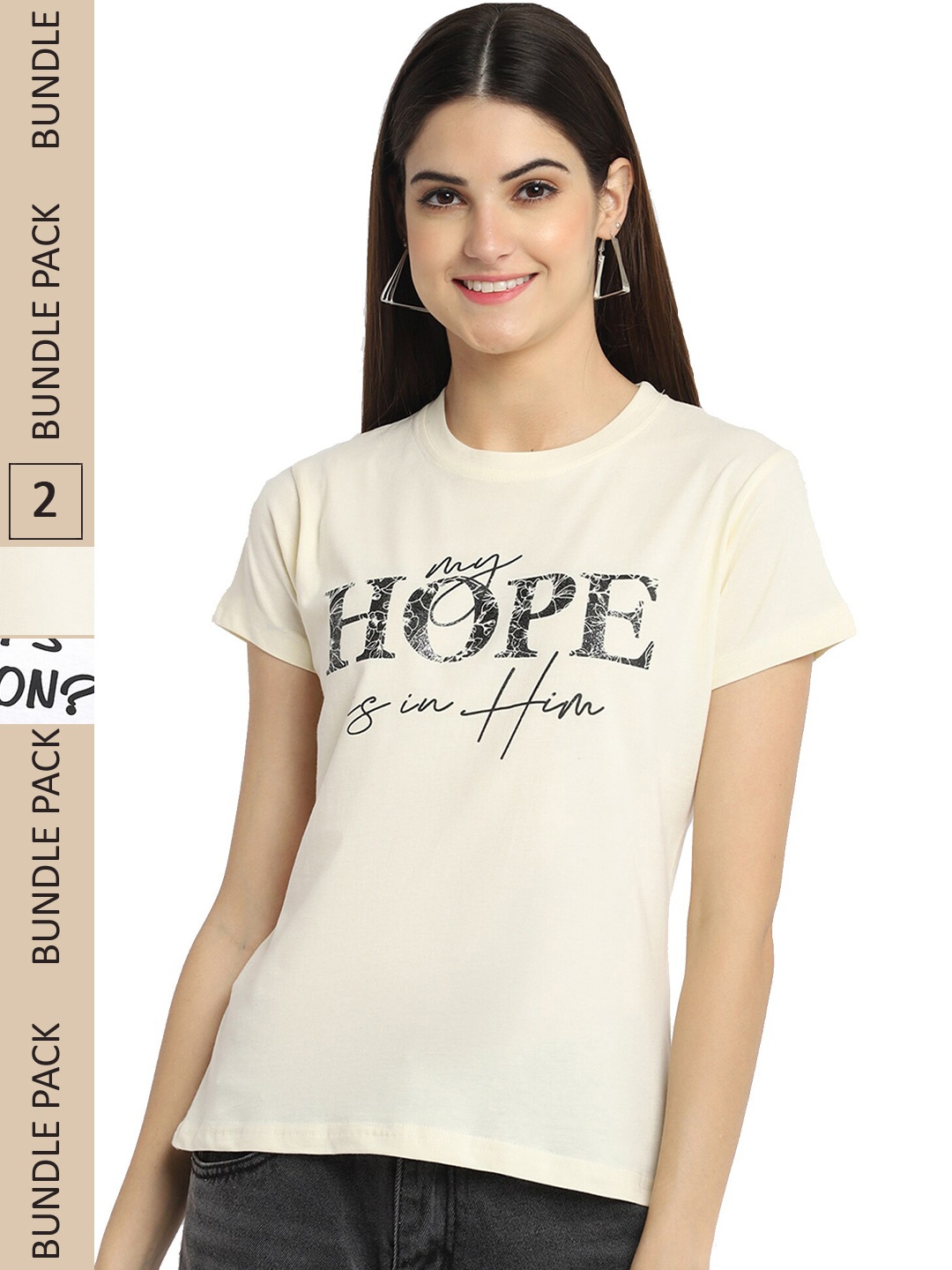 

Fabflee Pack Of 2 Typography Printed Cotton T-shirt, Cream