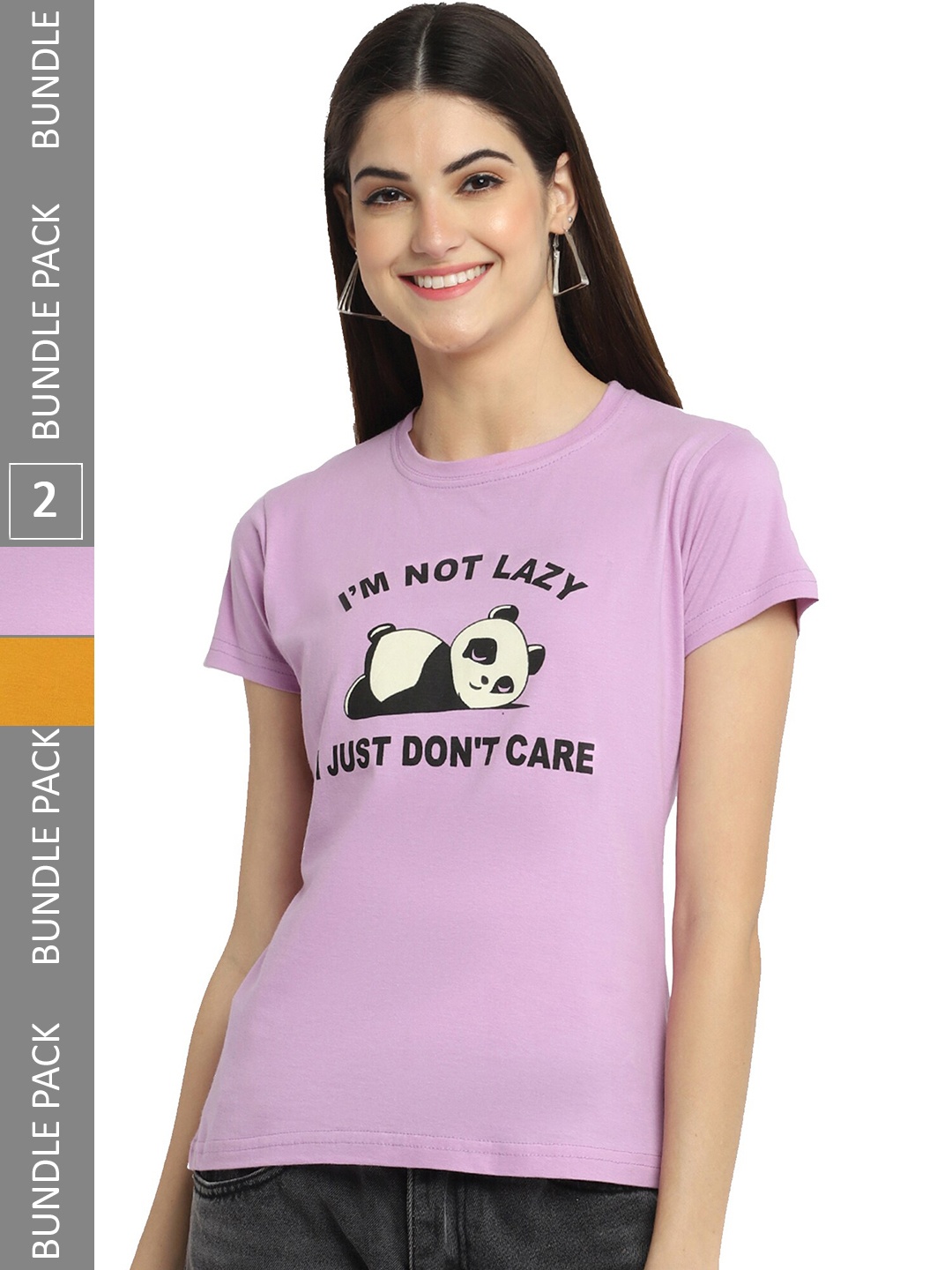 Fabflee Pack Of 2 Typography Printed Cotton T-shirt, Lavender