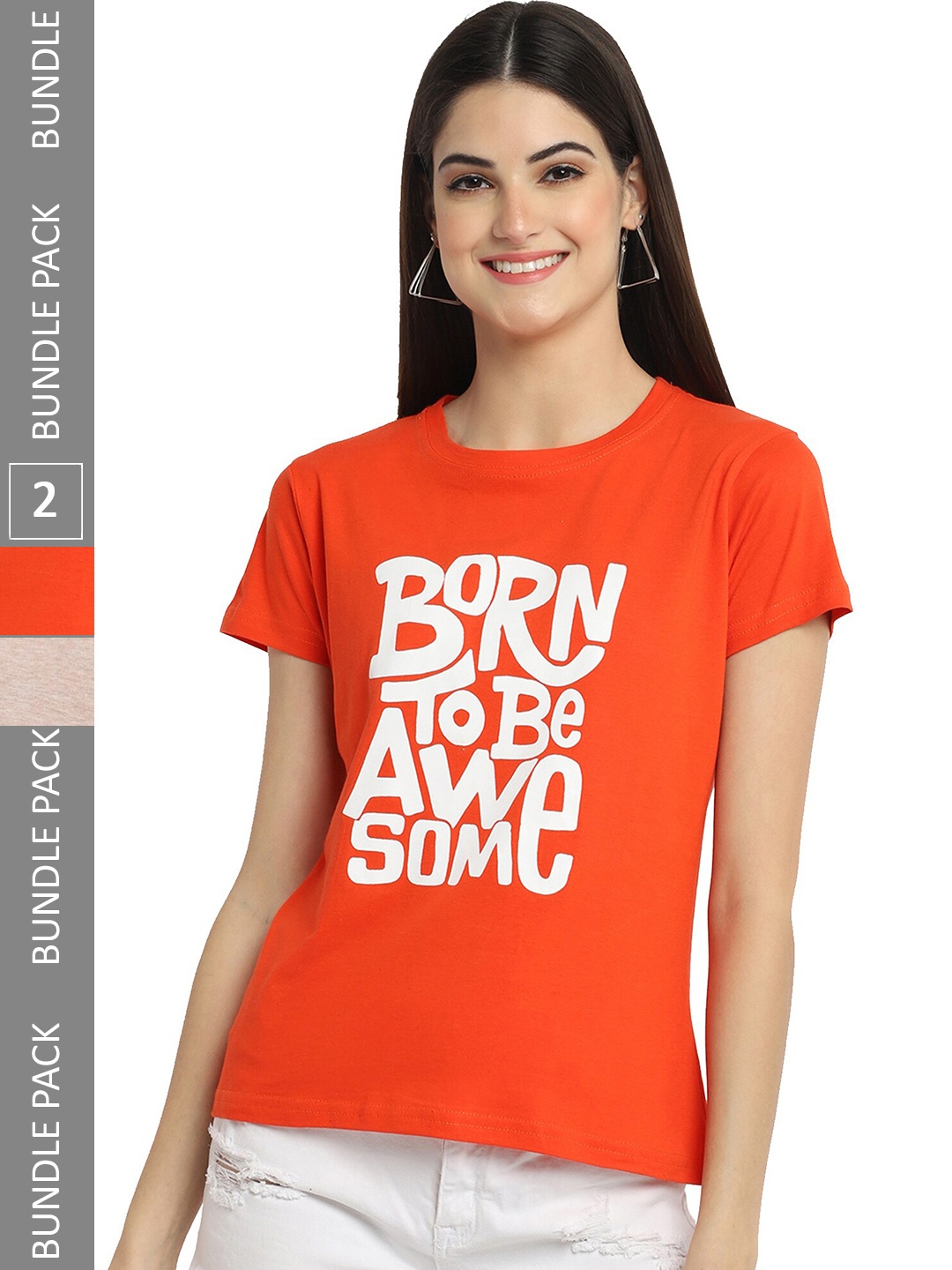 

Fabflee Pack Of 2 Typography Printed Cotton T-shirt, Orange