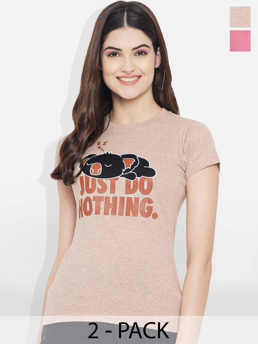 

Fabflee Pack Of 2 Graphic Printed Cotton T-shirts, Pink