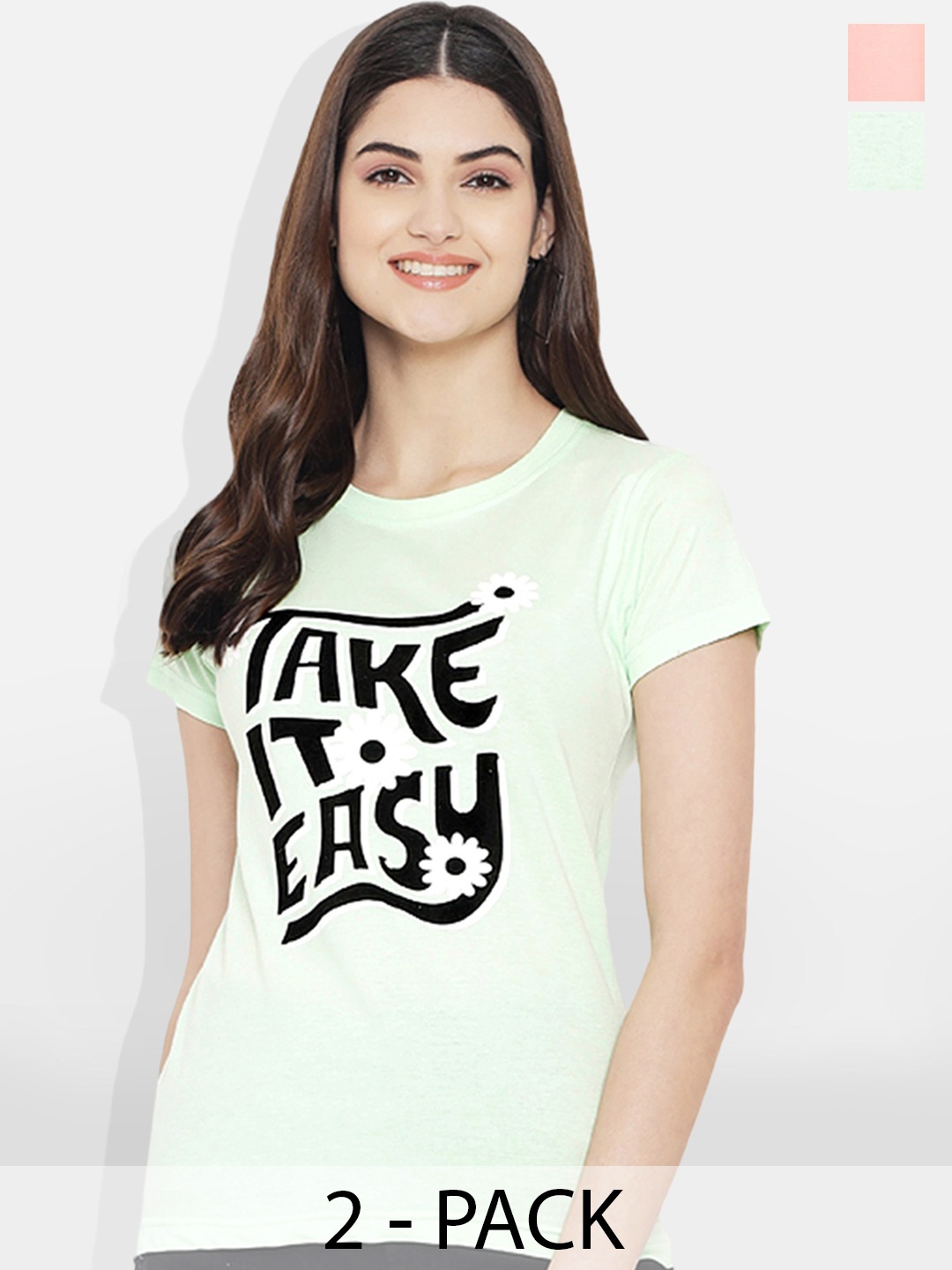 Fabflee Pack of 2 Typography Printed T-shirt, Pink
