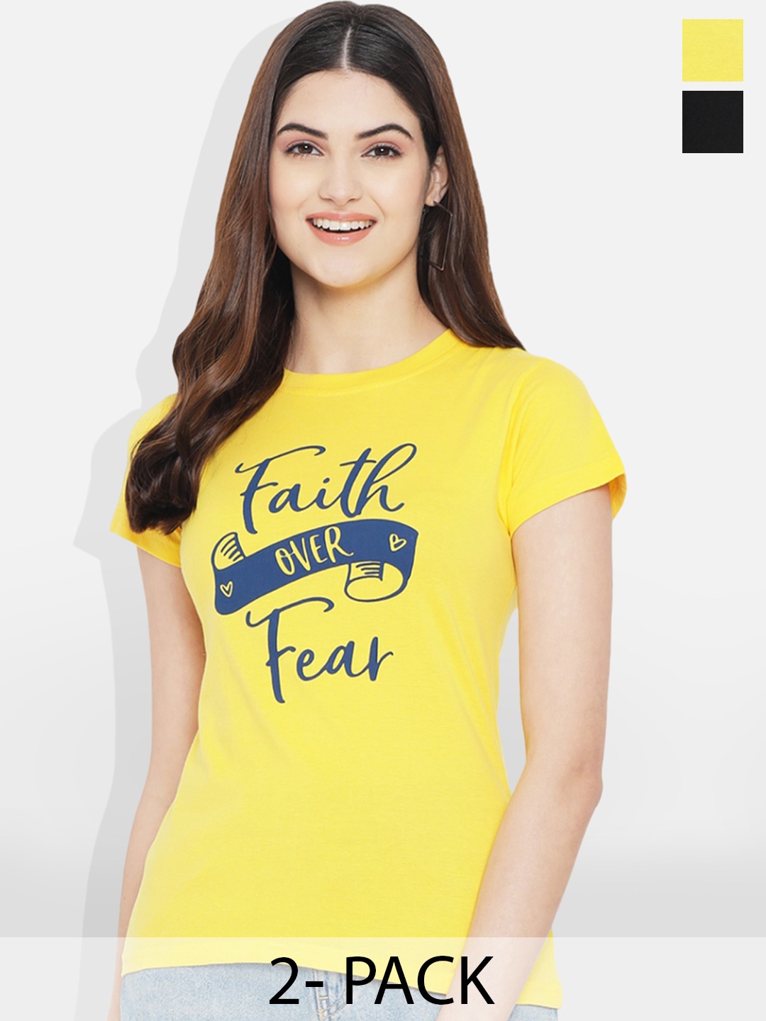 

Fabflee Pack of 2 Typography Printed Cotton T-shirts, Black
