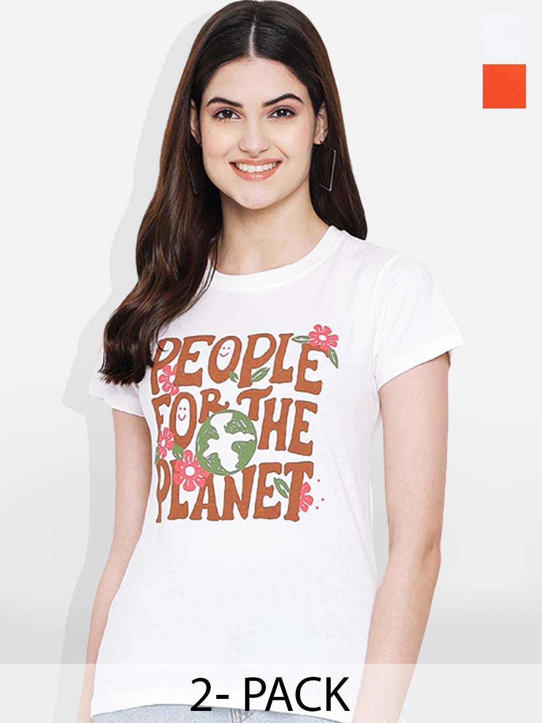 Fabflee Pack of 2 Typography Printed T-Shirt, Orange