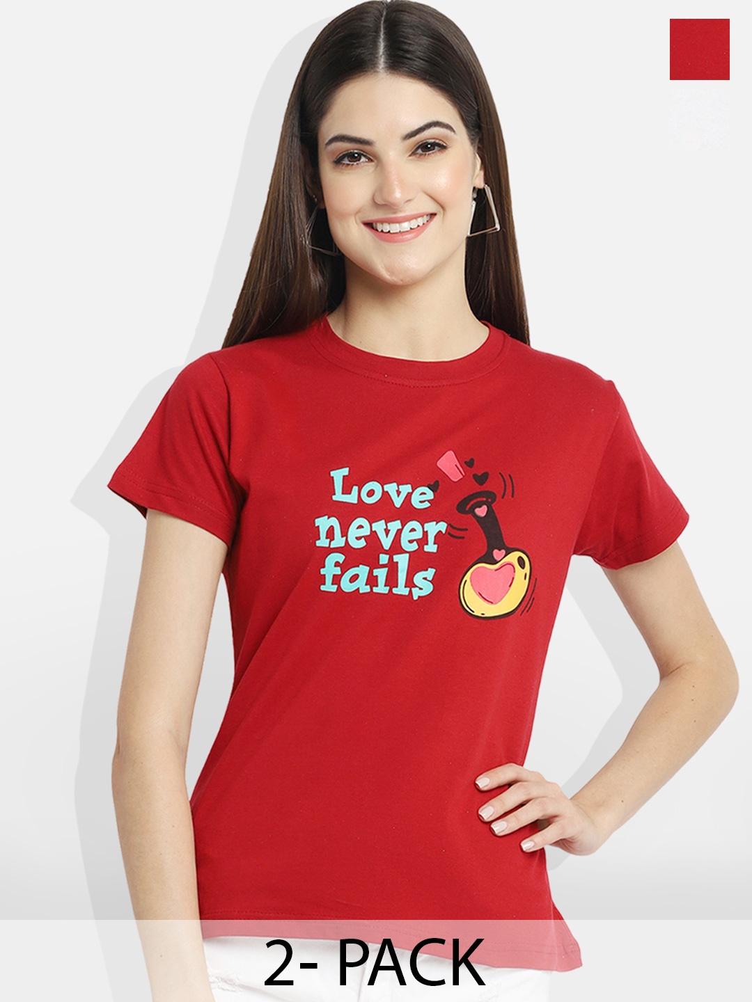 Fabflee Pack of 2 Typography Printed T-Shirt, Red