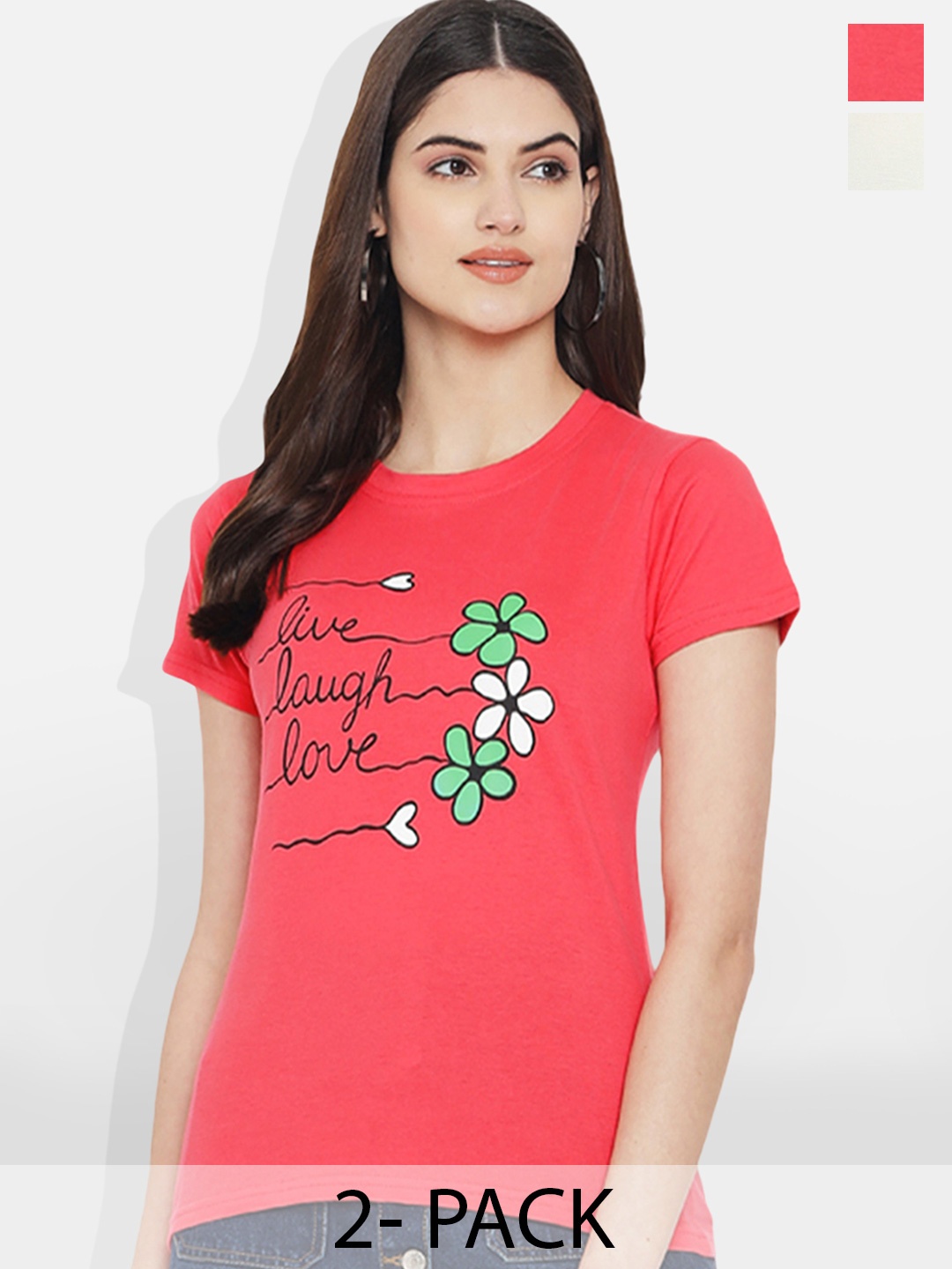 

Fabflee Pack Of 2 Typography Printed Cotton T-shirts, Pink