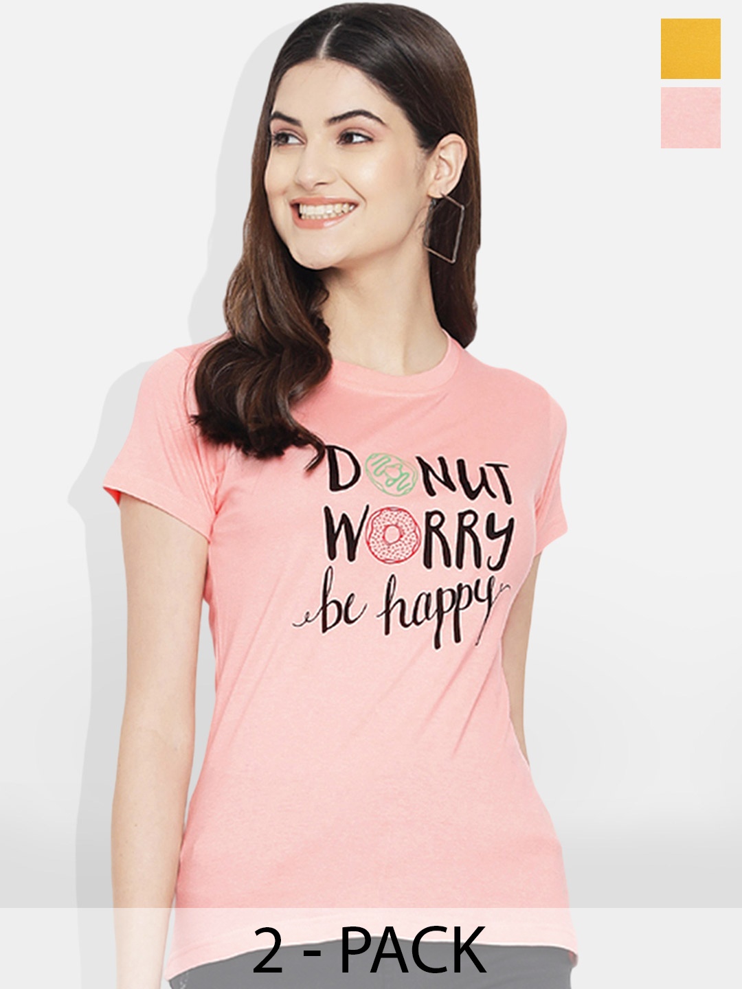 

Fabflee Pack Of 2 Typography Printed Cotton T-shirts, Mustard