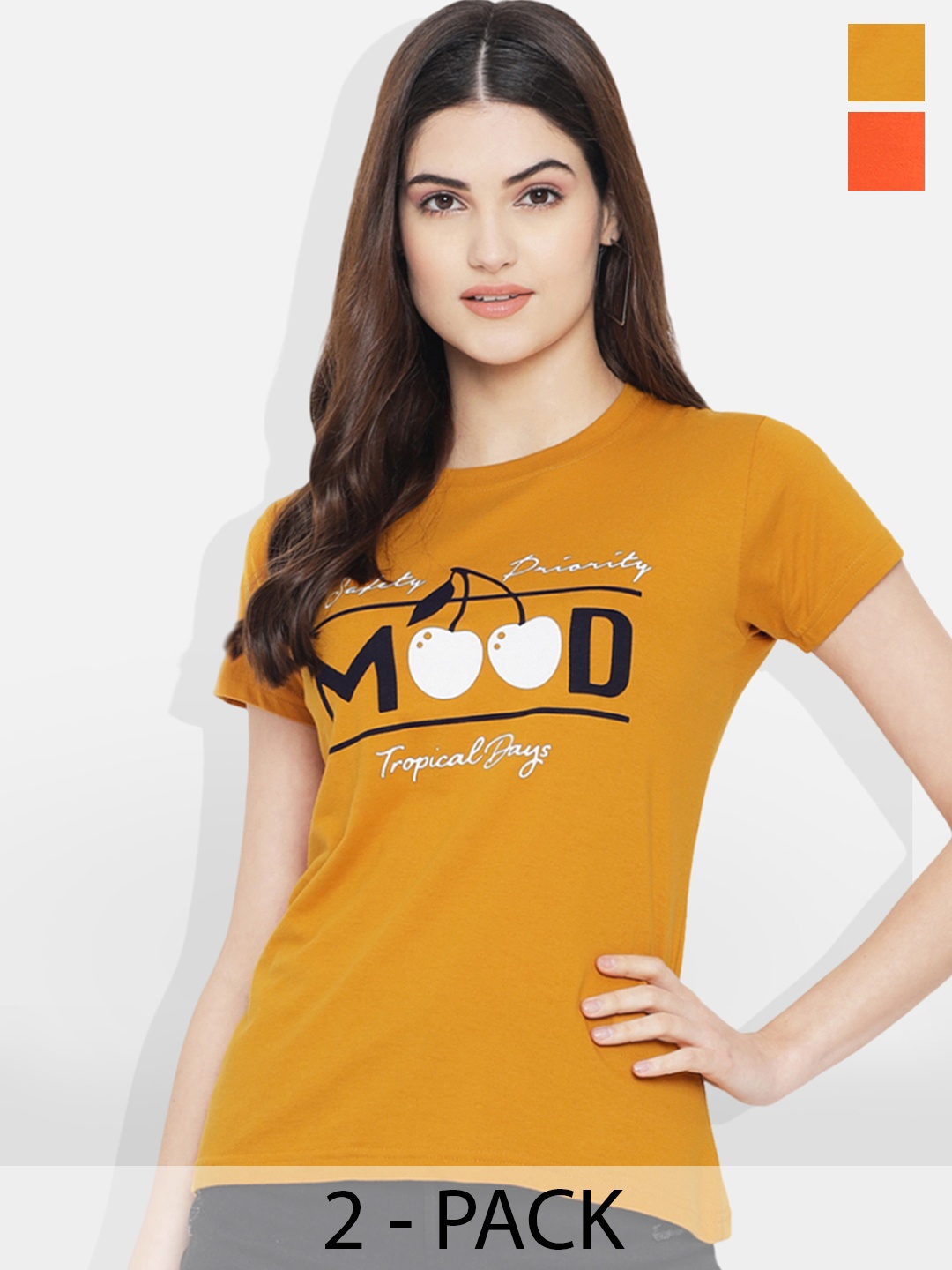 

Fabflee Pack Of 2 Printed Cotton T-shirt, Orange