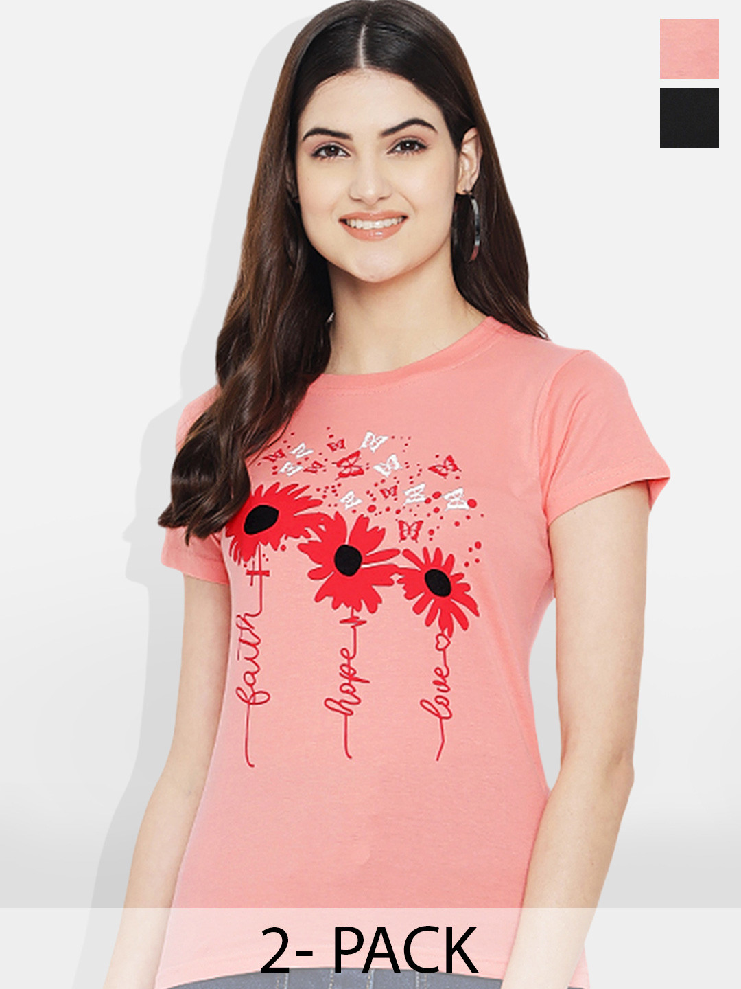 

Fabflee Pack of 2 Typography Printed T-Shirt, Black
