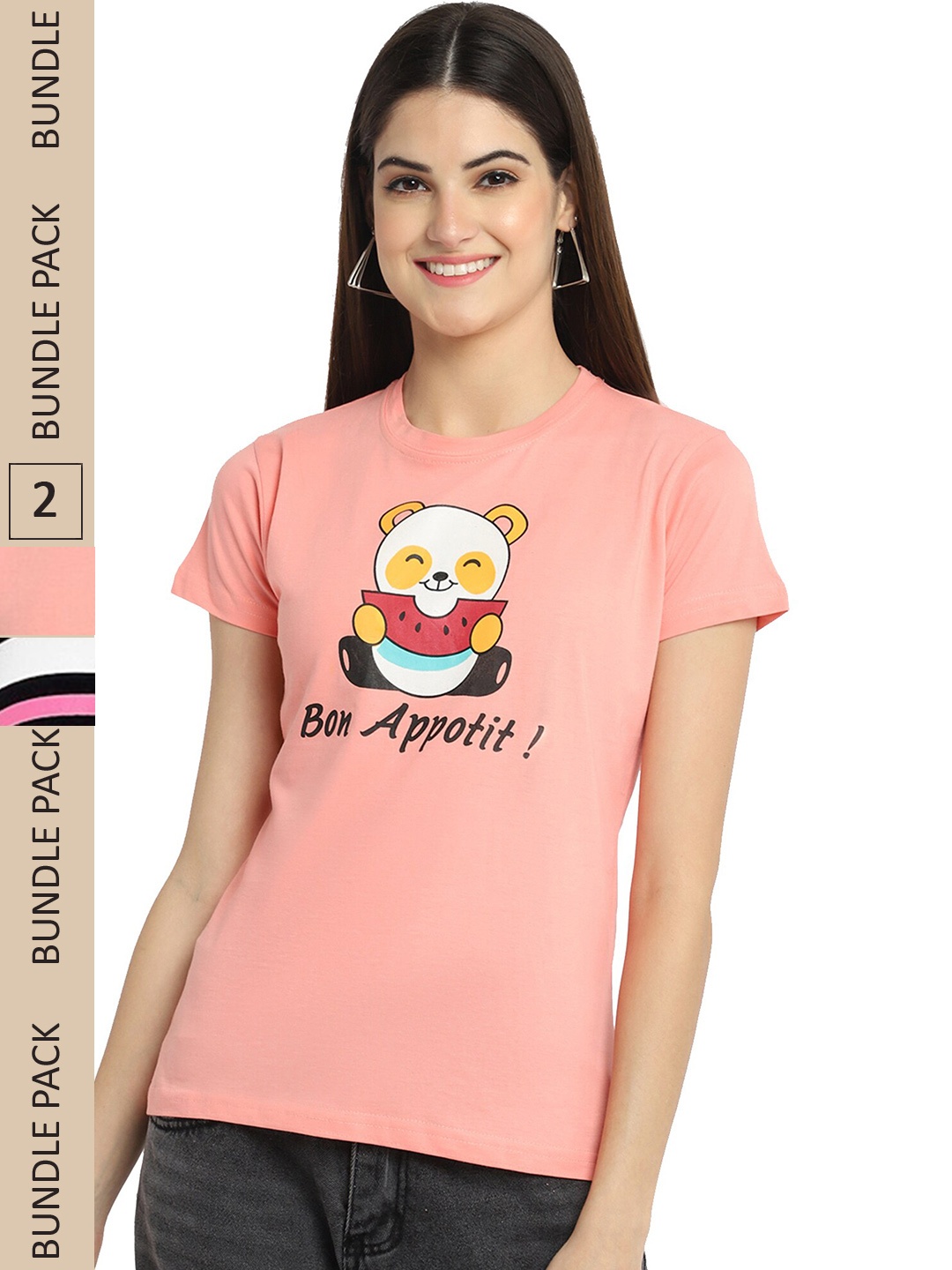 

Fabflee Pack Of 2 Typography Printed Cotton T-shirt, Peach