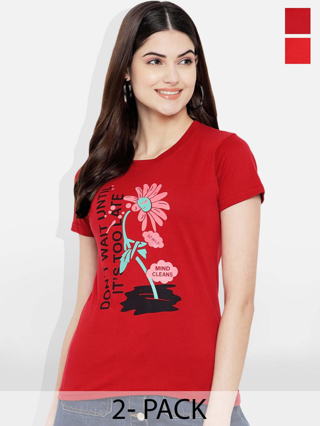

Fabflee Pack of 2 Typography Printed T-shirt, Red