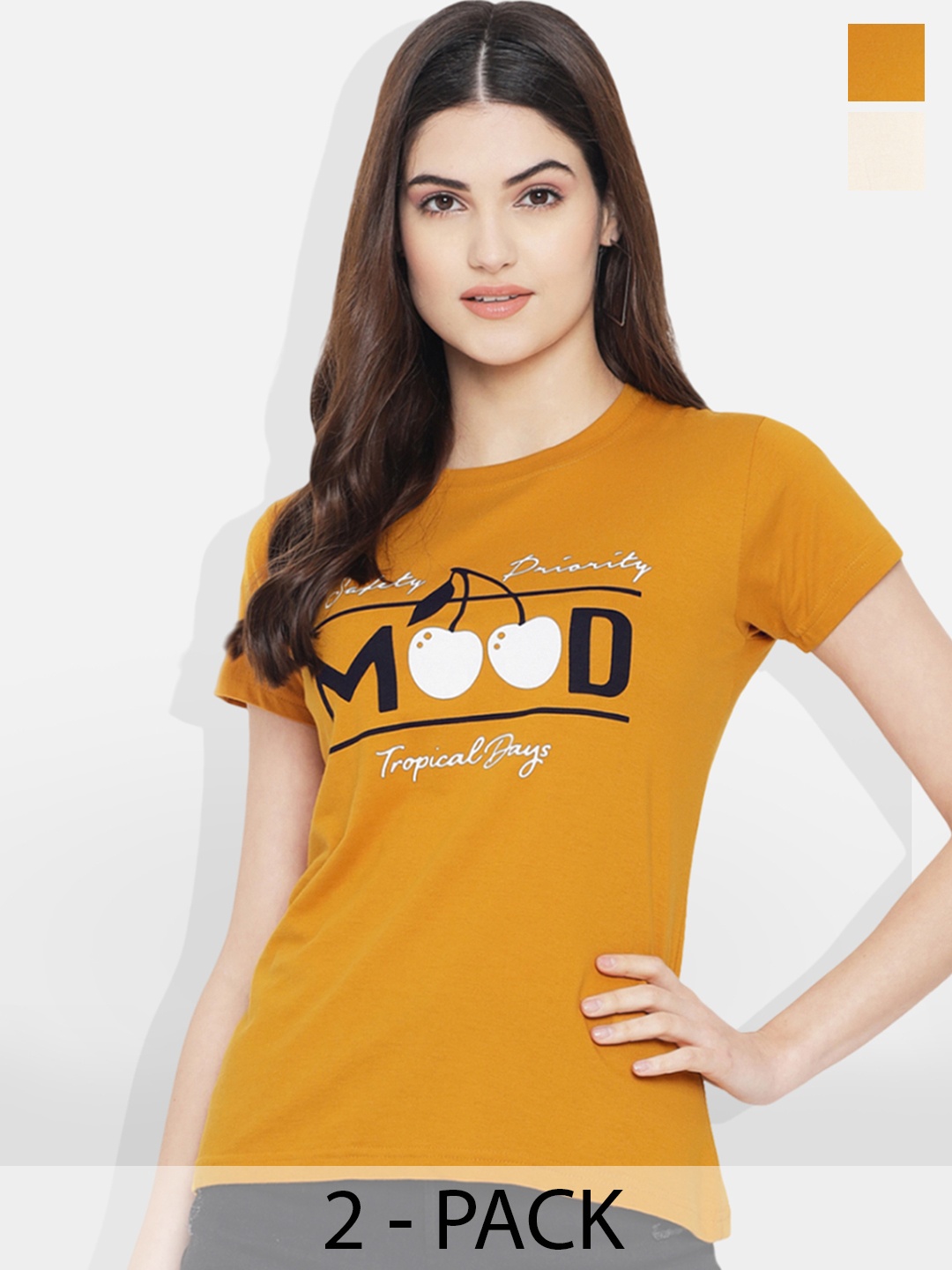 

Fabflee Pack Of 2 Printed Cotton T-shirt, Cream