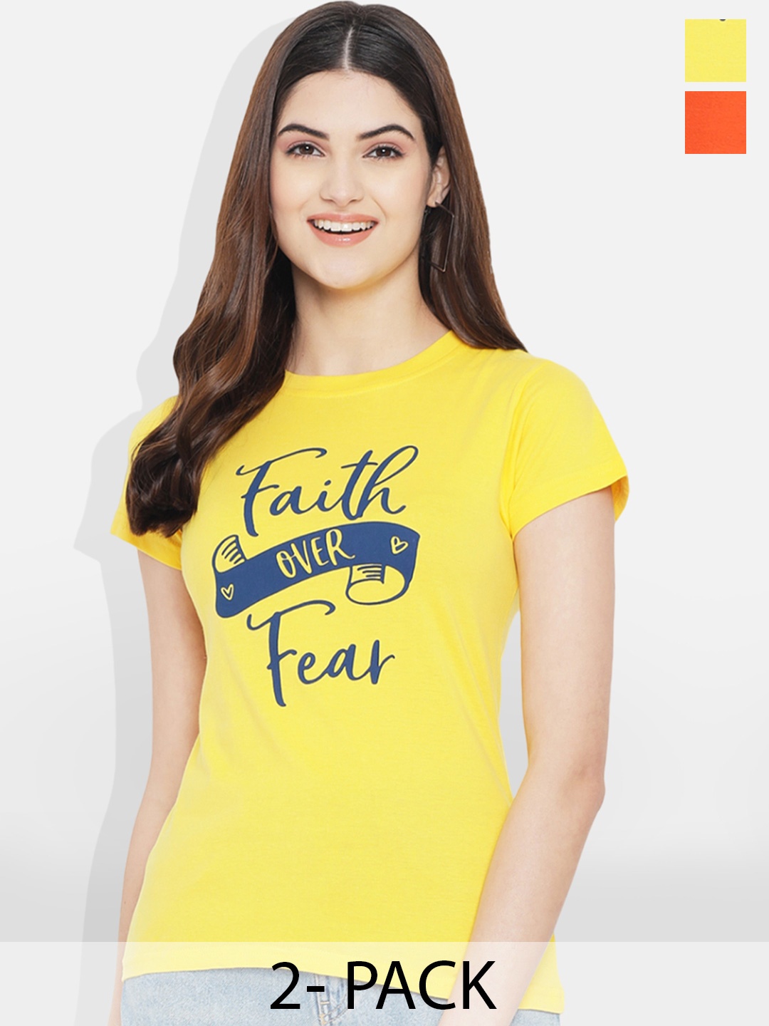 Fabflee Pack of 2 Typography Printed T-Shirt, Orange
